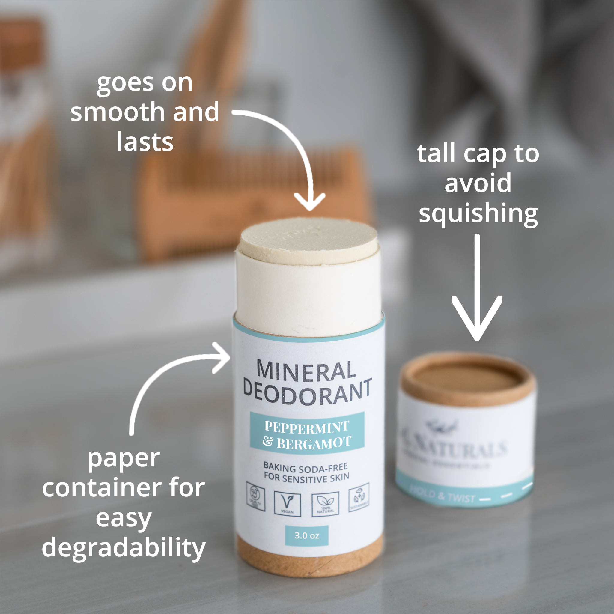 A 4-pack of Mineral Deodorant sticks, featuring a smooth glide-on formula, suitable for sensitive skin and baking soda-free.