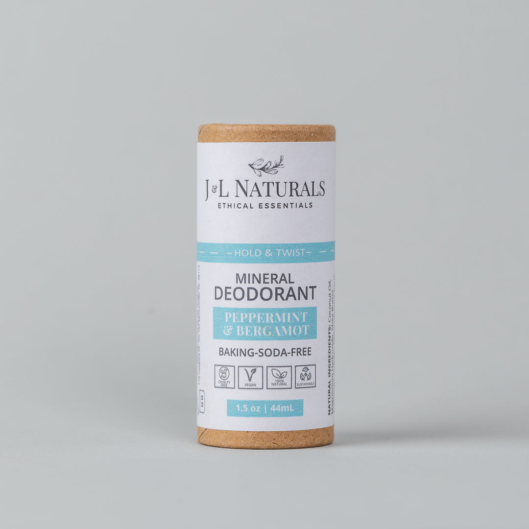 A 4-pack of Mineral Deodorant sticks, featuring a smooth glide-on formula, suitable for sensitive skin and baking soda-free.