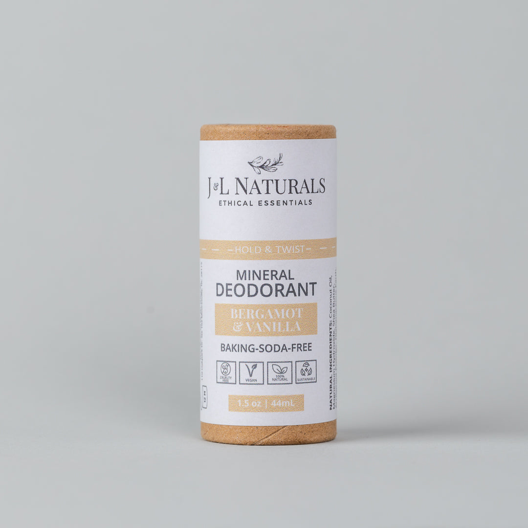 A 4-pack of Mineral Deodorant sticks, featuring a smooth glide-on formula, suitable for sensitive skin and baking soda-free.