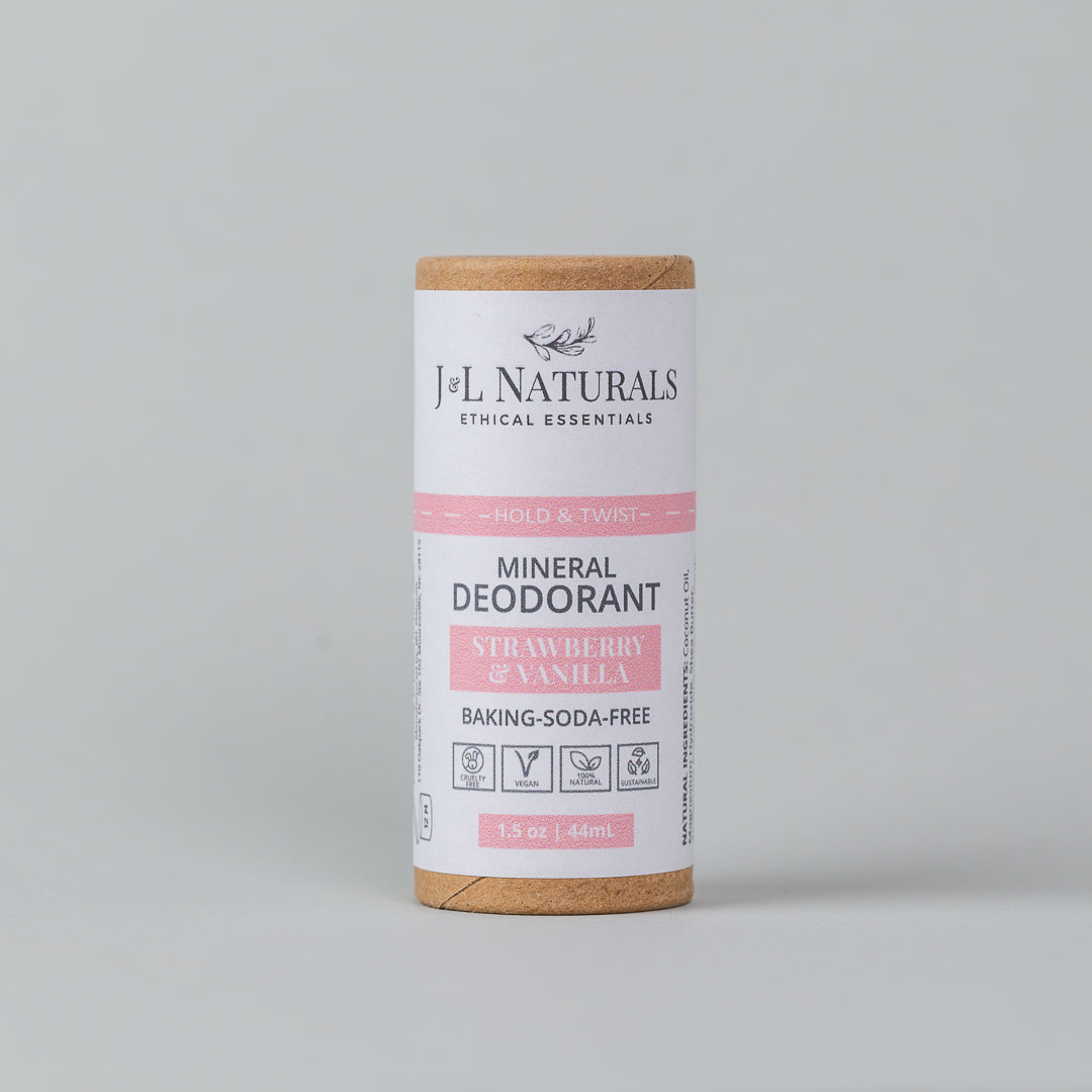 A 4-pack of Mineral Deodorant sticks, featuring a smooth glide-on formula, suitable for sensitive skin and baking soda-free.