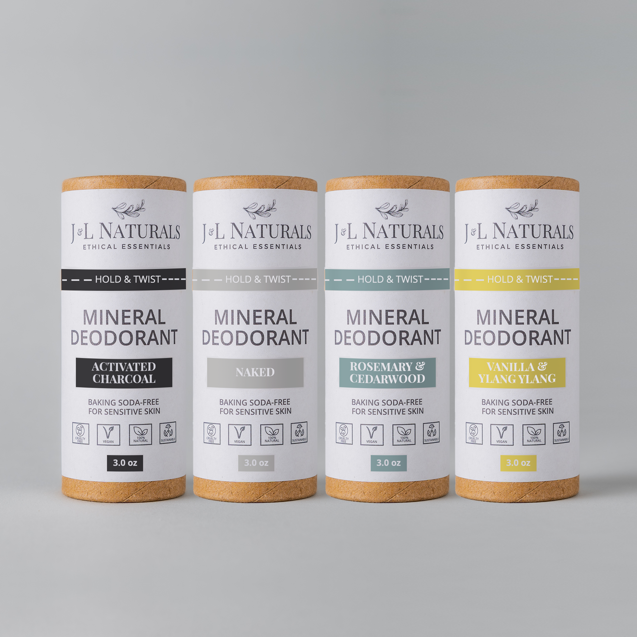 A 4-pack of Mineral Deodorant sticks, featuring a smooth glide-on formula, suitable for sensitive skin and baking soda-free.