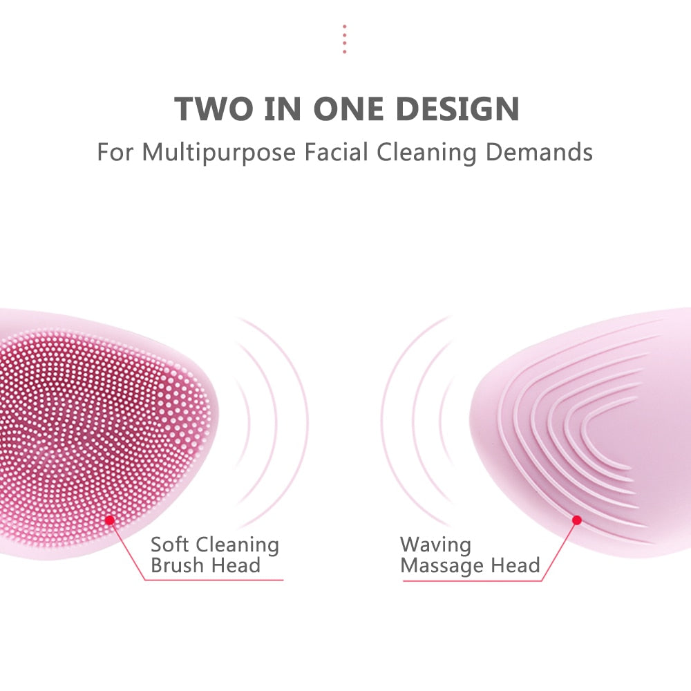 Mini Electric Facial Cleansing Brush in pink color, showcasing its sleek design and soft bristles for deep pore cleansing.