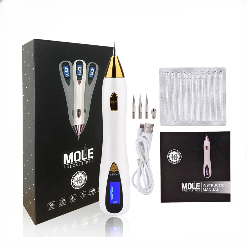 Mole Removal Pen with LCD display and various needle attachments for professional skin treatment.