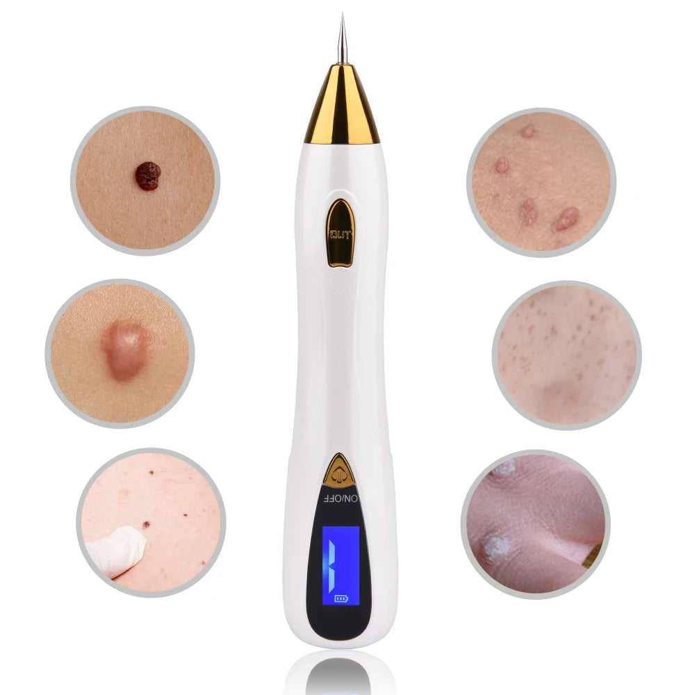 Mole Removal Pen with LCD display and various needle attachments for professional skin treatment.