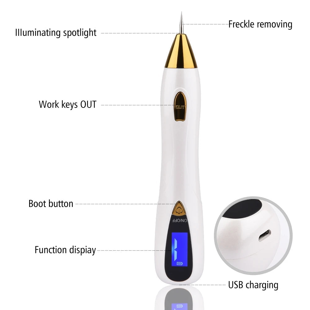 Mole Removal Pen with LCD display and various needle attachments for professional skin treatment.