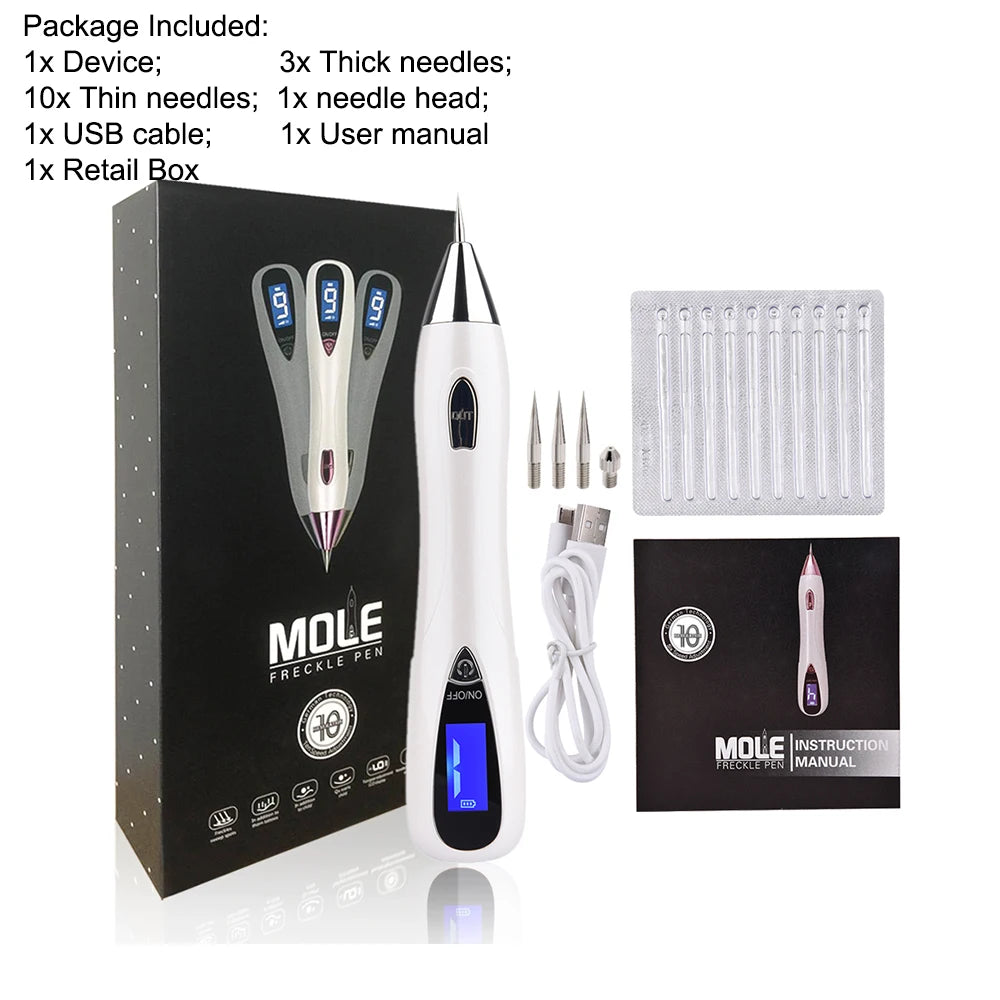 Mole Removal Pen with LCD display and various needle attachments for professional skin treatment.