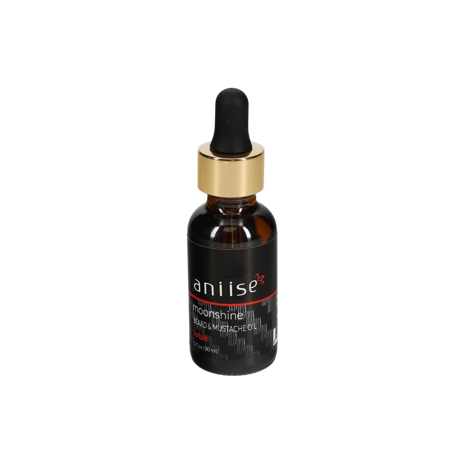 Bottle of Moonshine Beard and Mustache Oil with a dropper, showcasing its rich, golden color and natural ingredients.