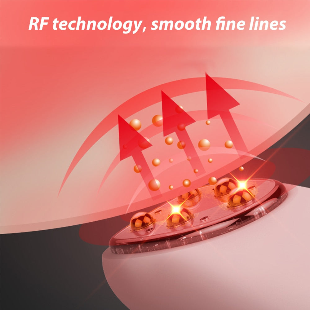 Multi-functional RF Eye Massager in pink color, designed for reducing wrinkles and dark circles around the eyes, featuring a sleek and ergonomic design.