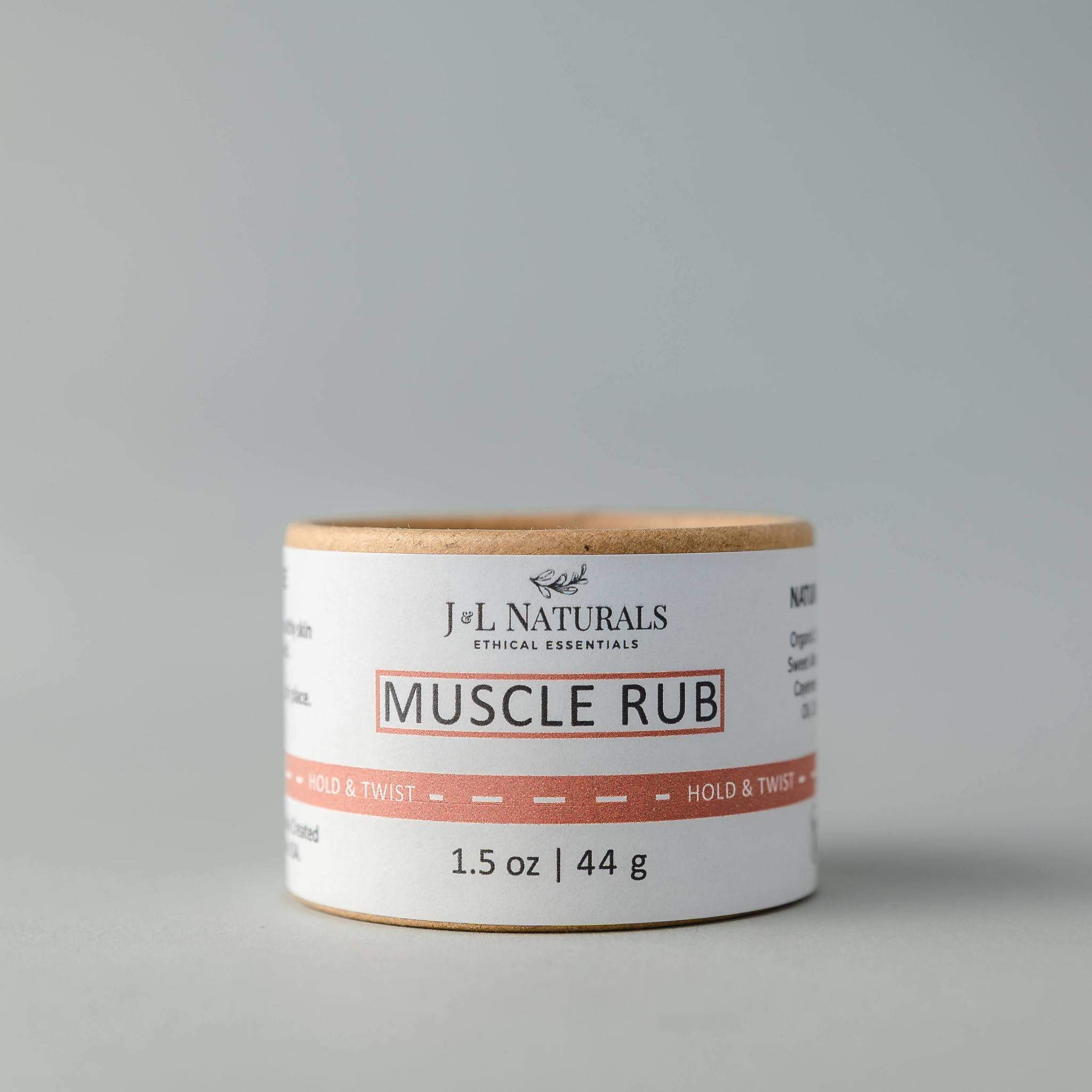 A 1.5 oz jar of Muscle Rub featuring a blend of natural oils and butters for soothing sore muscles and nourishing skin.