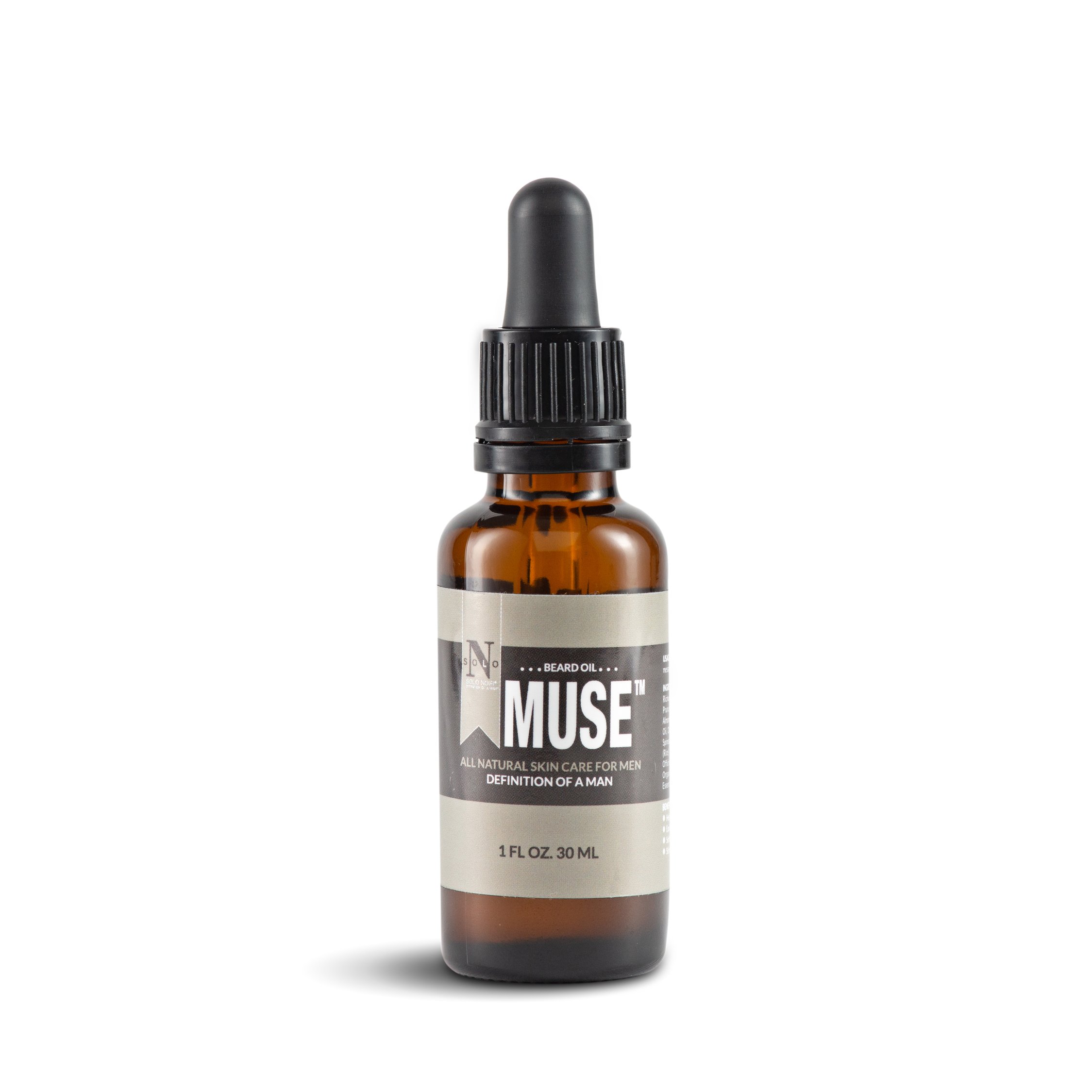 MUSE™ All Natural Beard Oil bottle with a wooden background, showcasing its premium quality and natural ingredients.