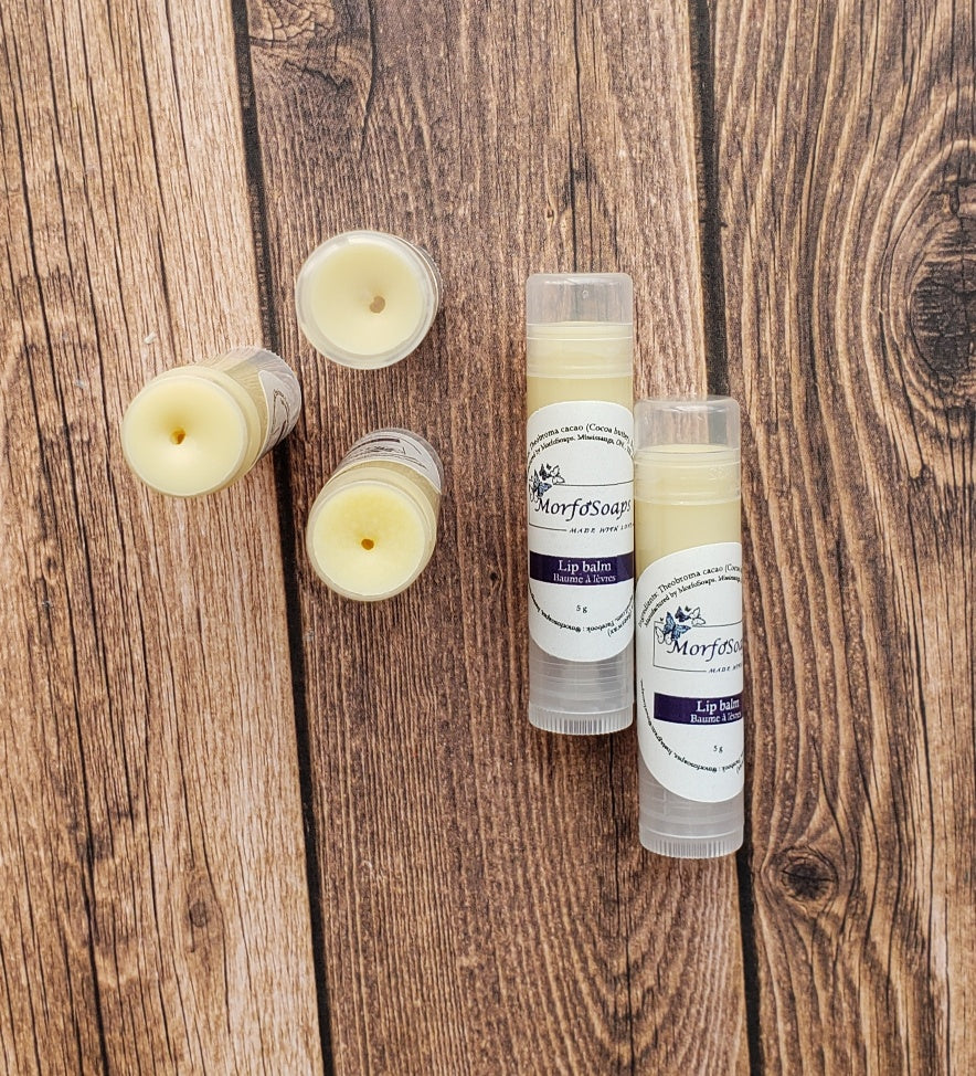 Natural Handmade Unscented Lip Balm in a tube, showcasing its creamy texture and organic ingredients.