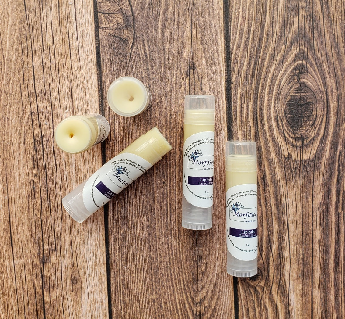 Natural Handmade Unscented Lip Balm in a tube, showcasing its creamy texture and organic ingredients.