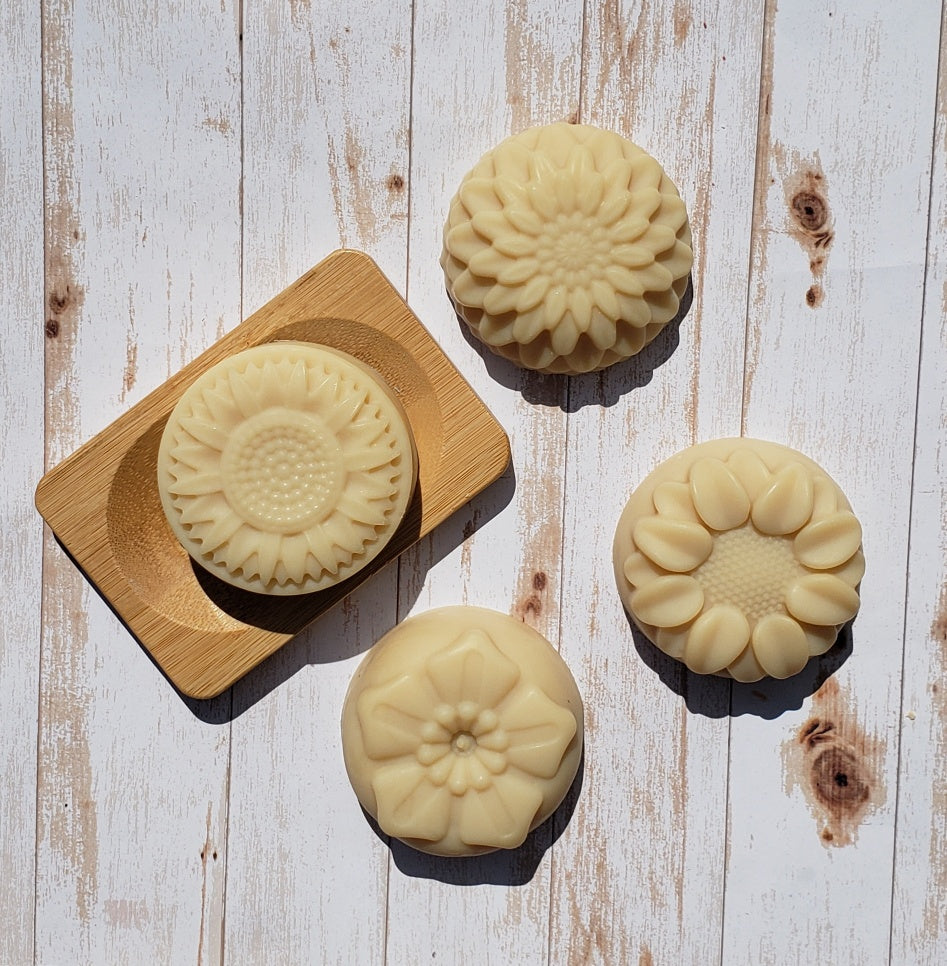 Natural Handmade Shampoo Bar with lavender and chamomile, showcasing its unique texture and artisanal design.