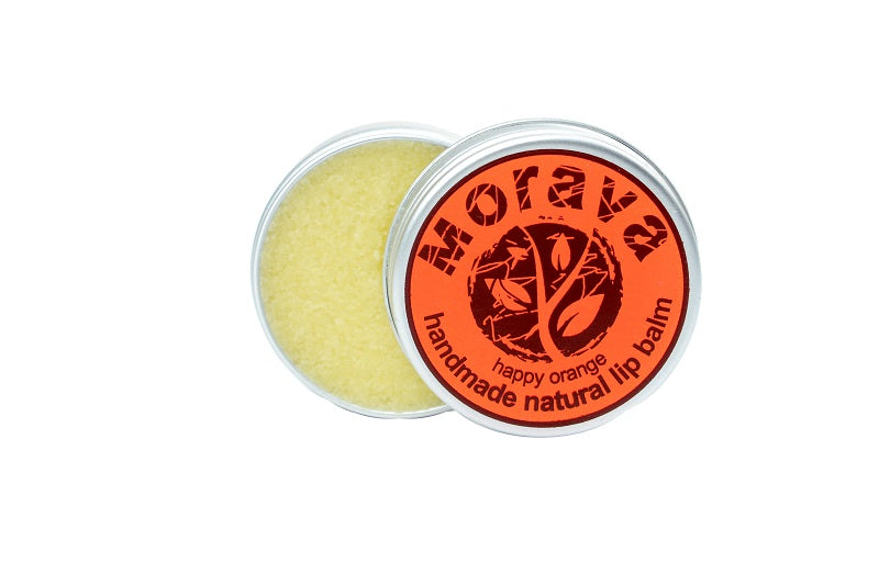 Natural lip balm in a 10 ml container with a happy orange scent, featuring organic ingredients like shea and cocoa butter.