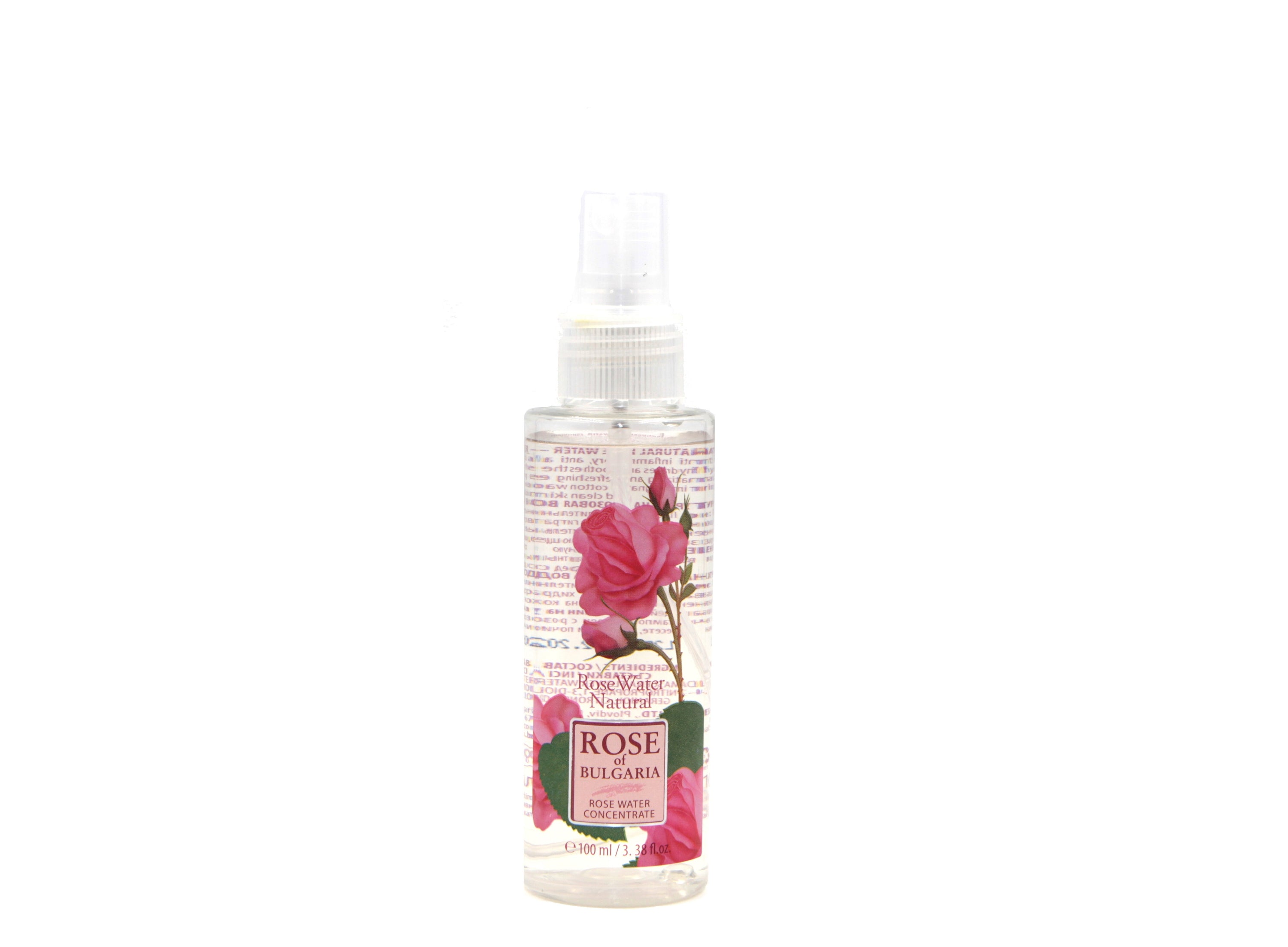 100ml bottle of Natural Rose Water from Biofresh, featuring a floral design and a spray nozzle.