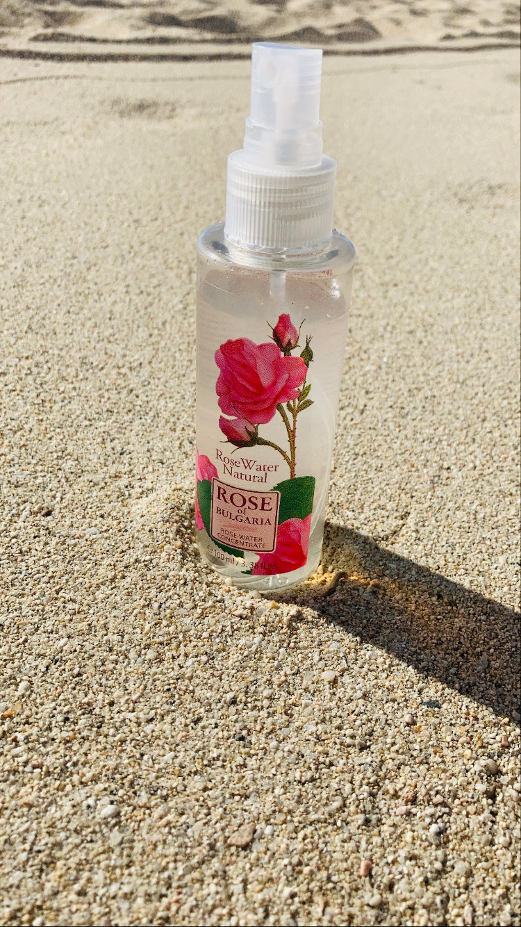 100ml bottle of Natural Rose Water from Biofresh, featuring a floral design and a spray nozzle.