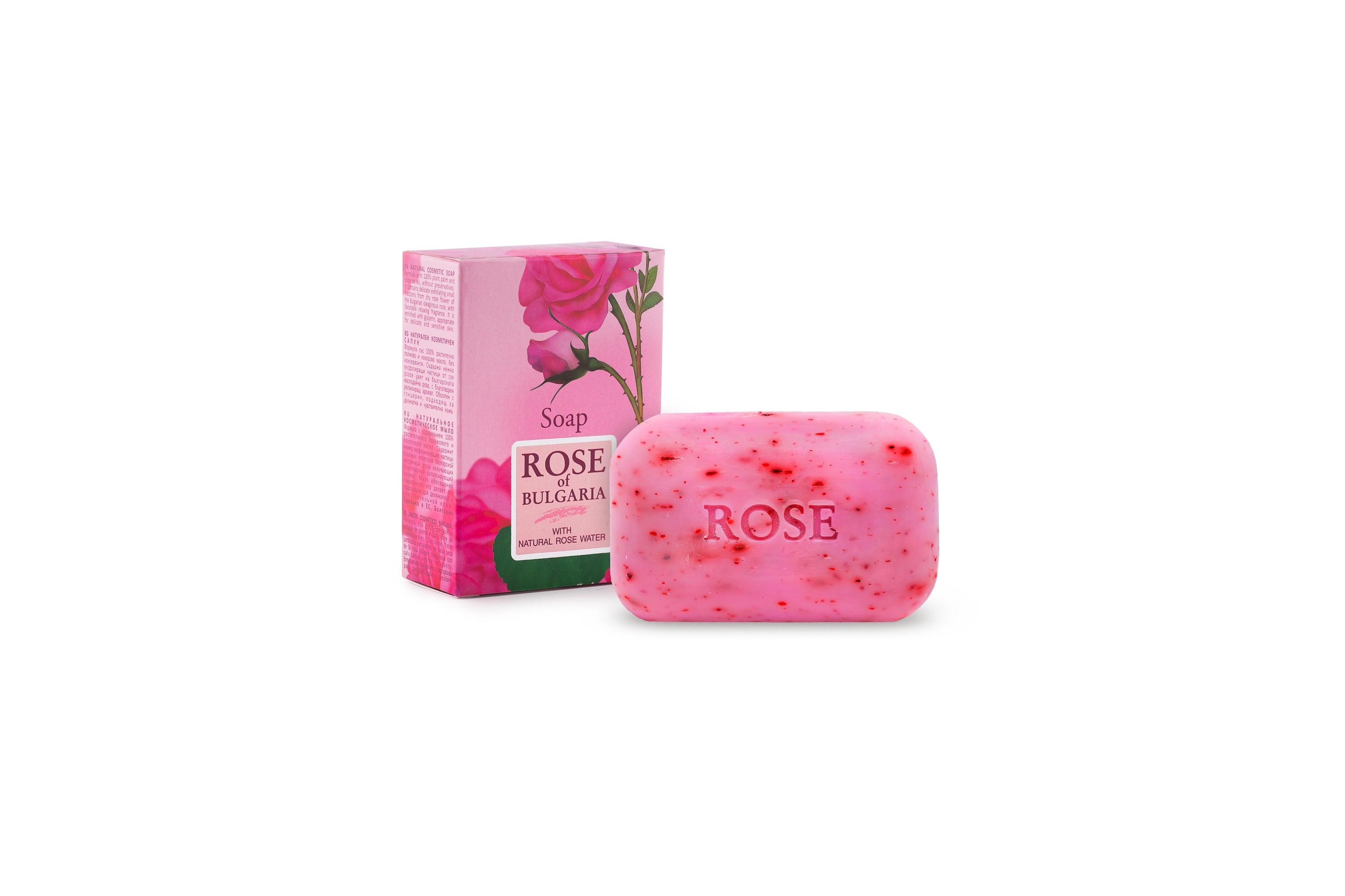 Natural Soap with rose water from Biofresh, featuring dried rose petals and a floral design, perfect for gentle cleansing.