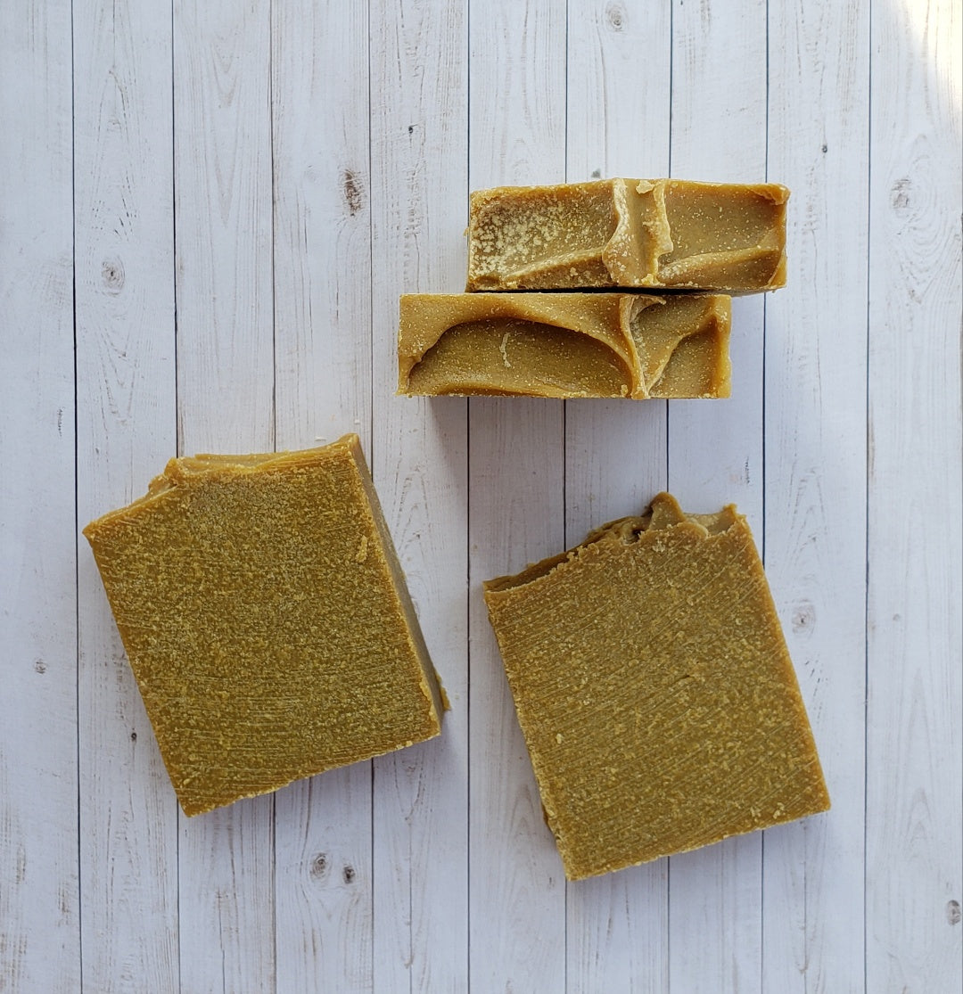 A bar of Natural Sulfur Soap showcasing its unique texture and color, handcrafted in Mississauga, Ontario.