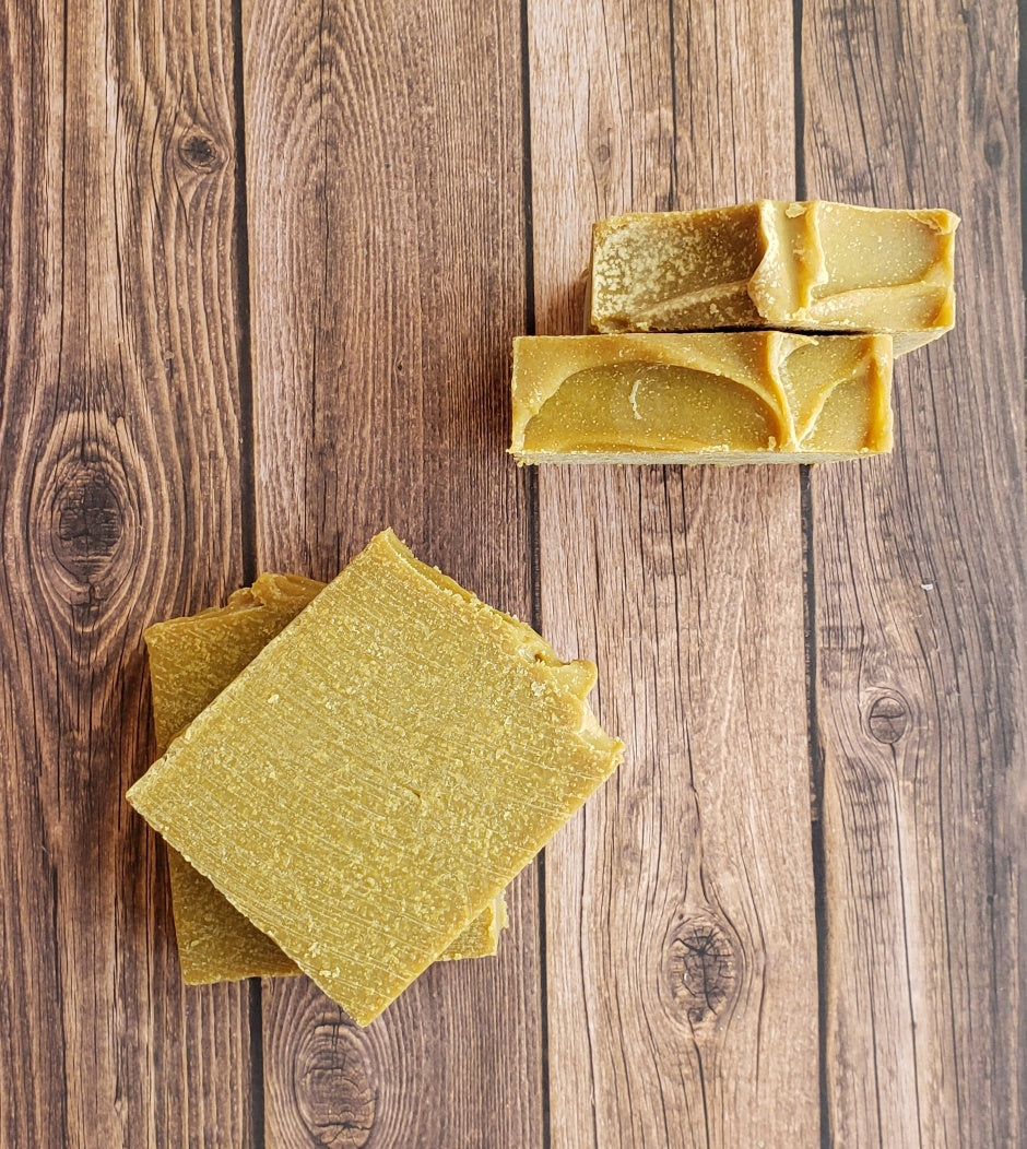 A bar of Natural Sulfur Soap showcasing its unique texture and color, handcrafted in Mississauga, Ontario.