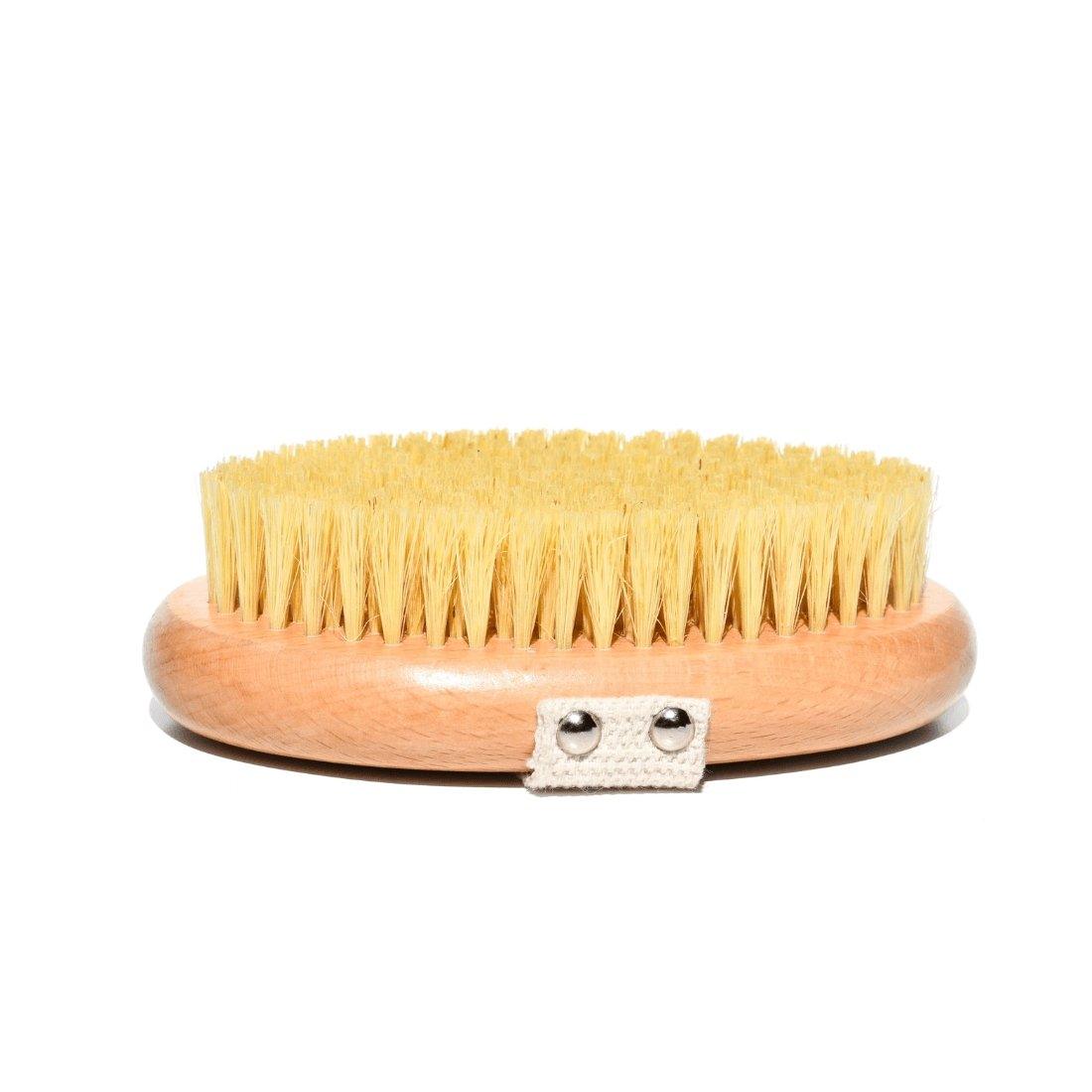 Natural Wood Dry Body Brush made from sustainable beechwood with semi-stiff sisal fibers, ideal for exfoliating skin.