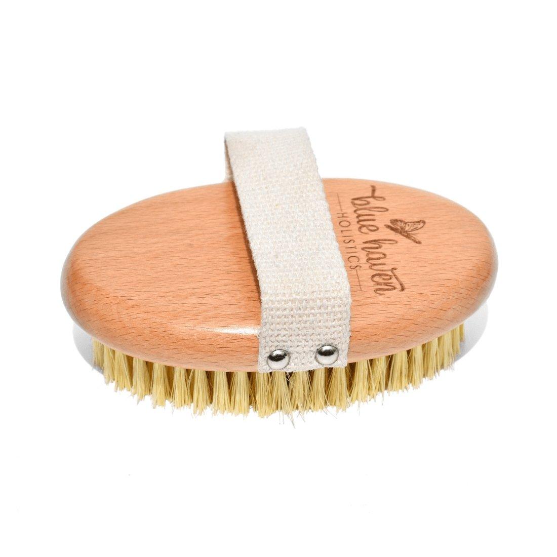 Natural Wood Dry Body Brush made from sustainable beechwood with semi-stiff sisal fibers, ideal for exfoliating skin.