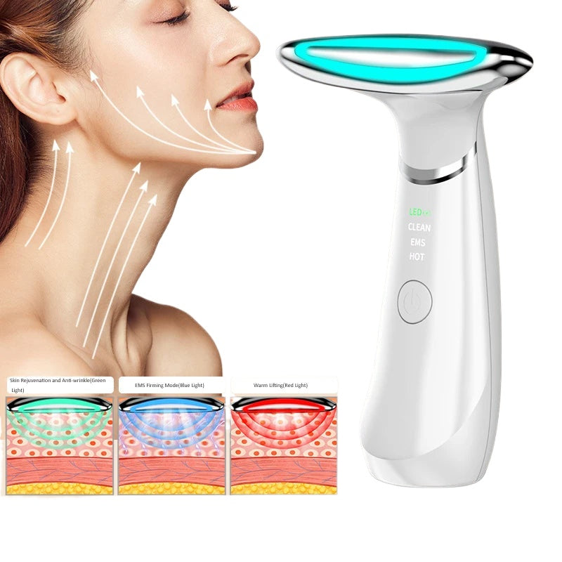 Neck Face Beauty Device EMS Massager for skin tightening and rejuvenation, featuring LED lights and ergonomic design.