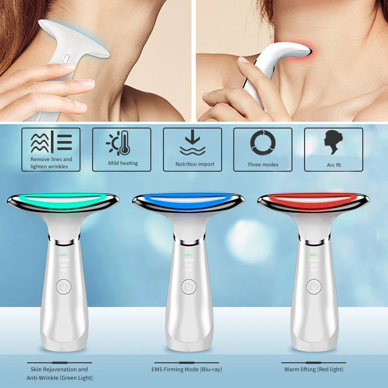 Neck Face Beauty Device EMS Massager for skin tightening and rejuvenation, featuring LED lights and ergonomic design.