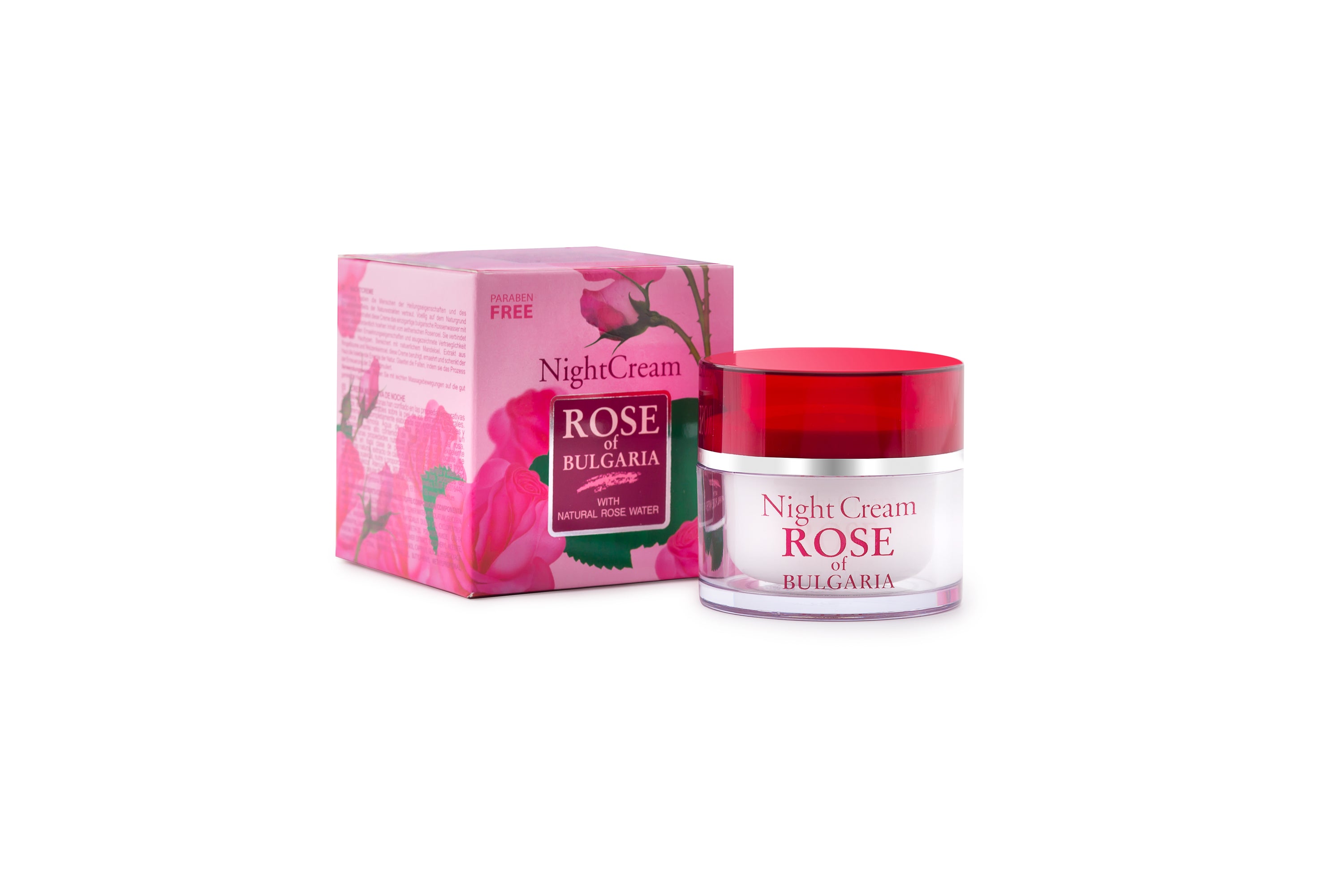 Night face cream with rose water in a 50ml jar, featuring a floral design and a soothing texture.