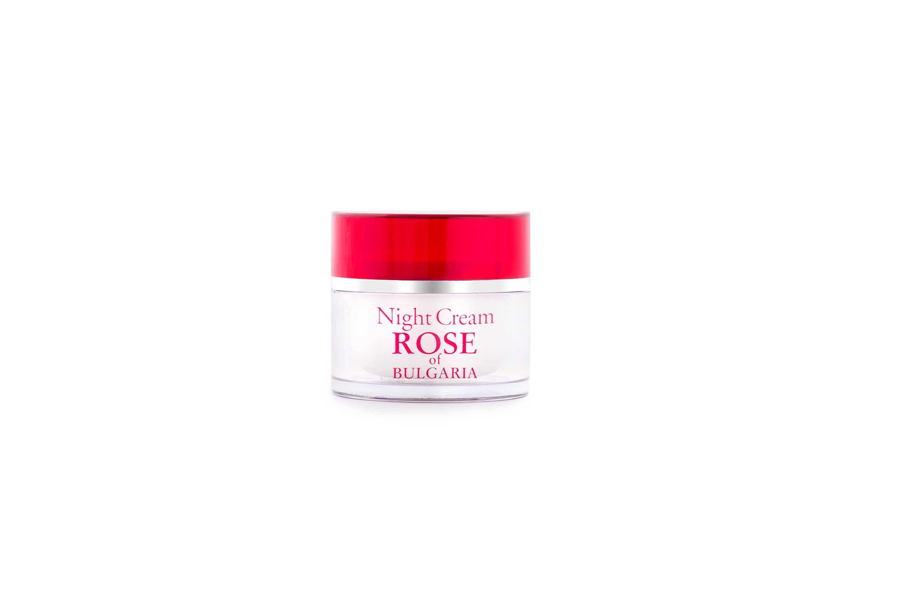 Night face cream with rose water in a 50ml jar, featuring a floral design and a soothing texture.