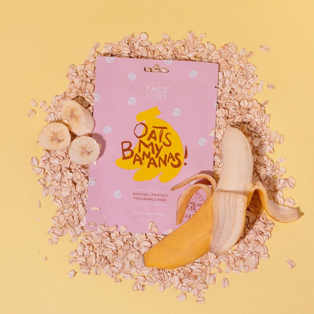 Oats My Bananas Sheet Mask featuring banana fiber and oat extract for soothing skin care.