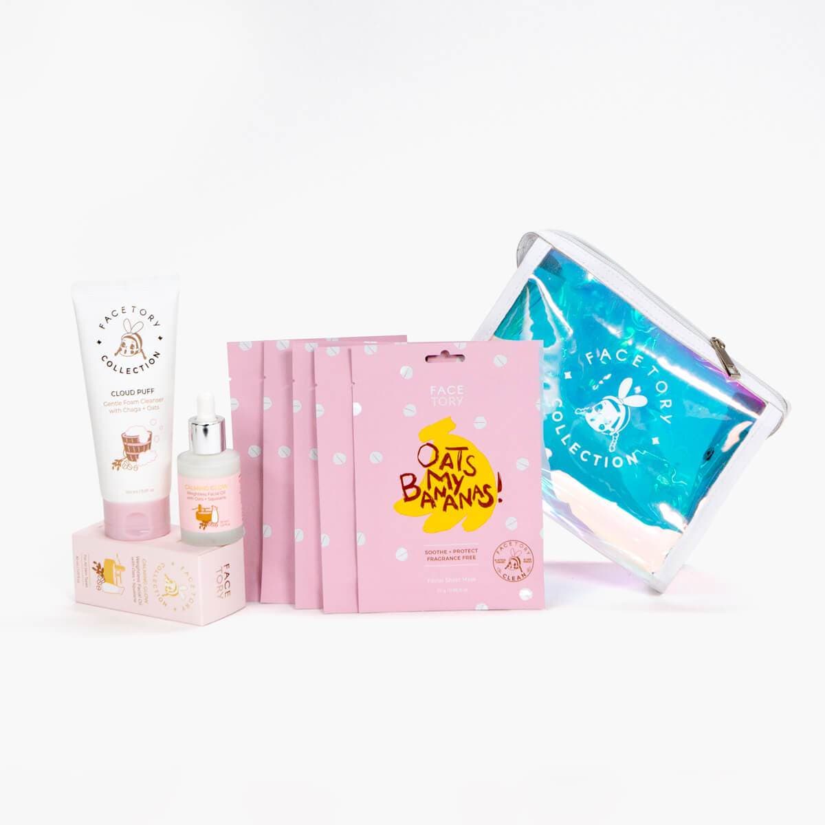 Oats So Glowy Bundle featuring facial cleanser, oil, sheet masks, and cosmetic bag for radiant skin.