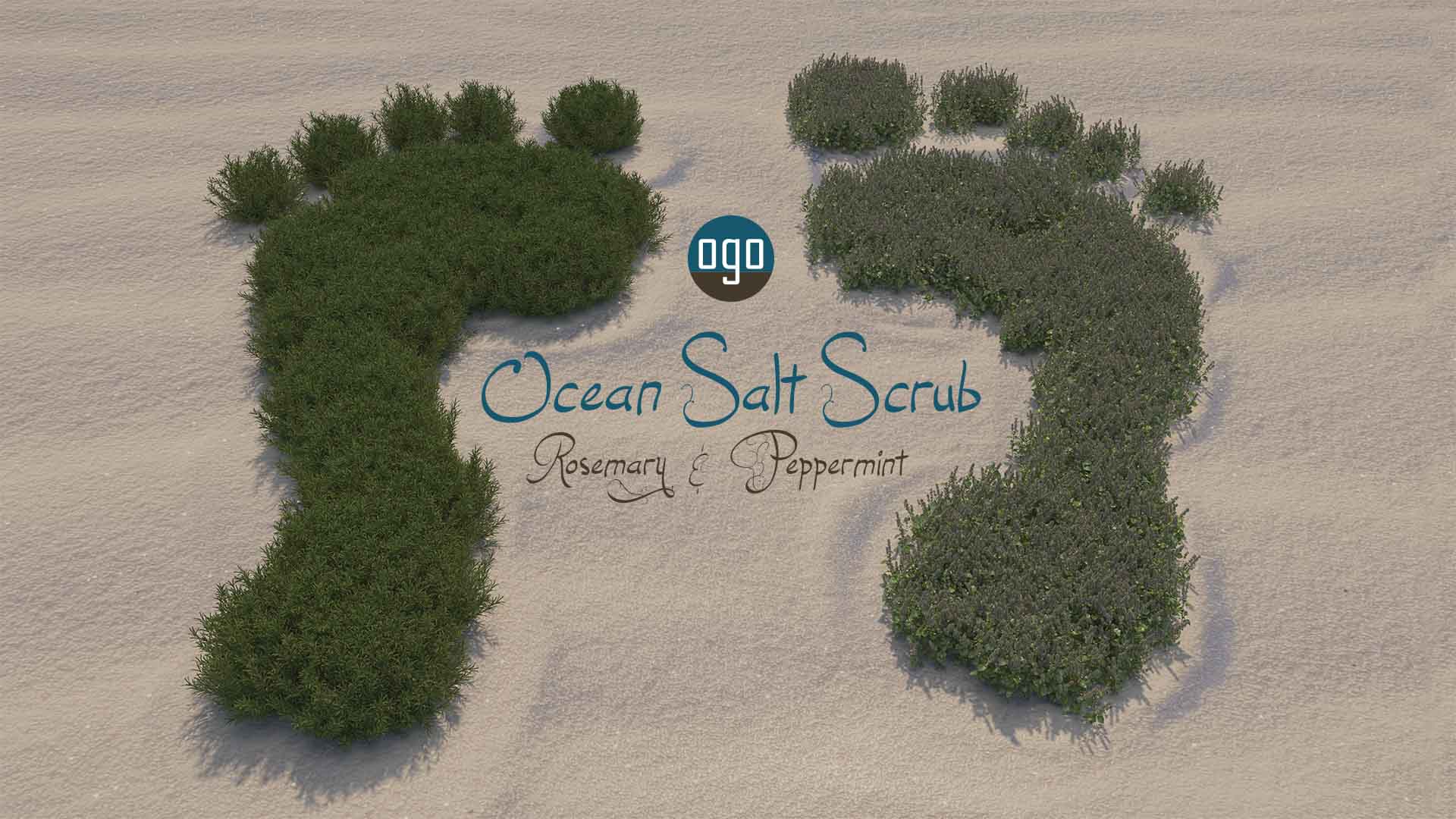 Ocean Salt Scrub with Rosemary and Peppermint in a clear jar, showcasing its textured salt and vibrant colors.