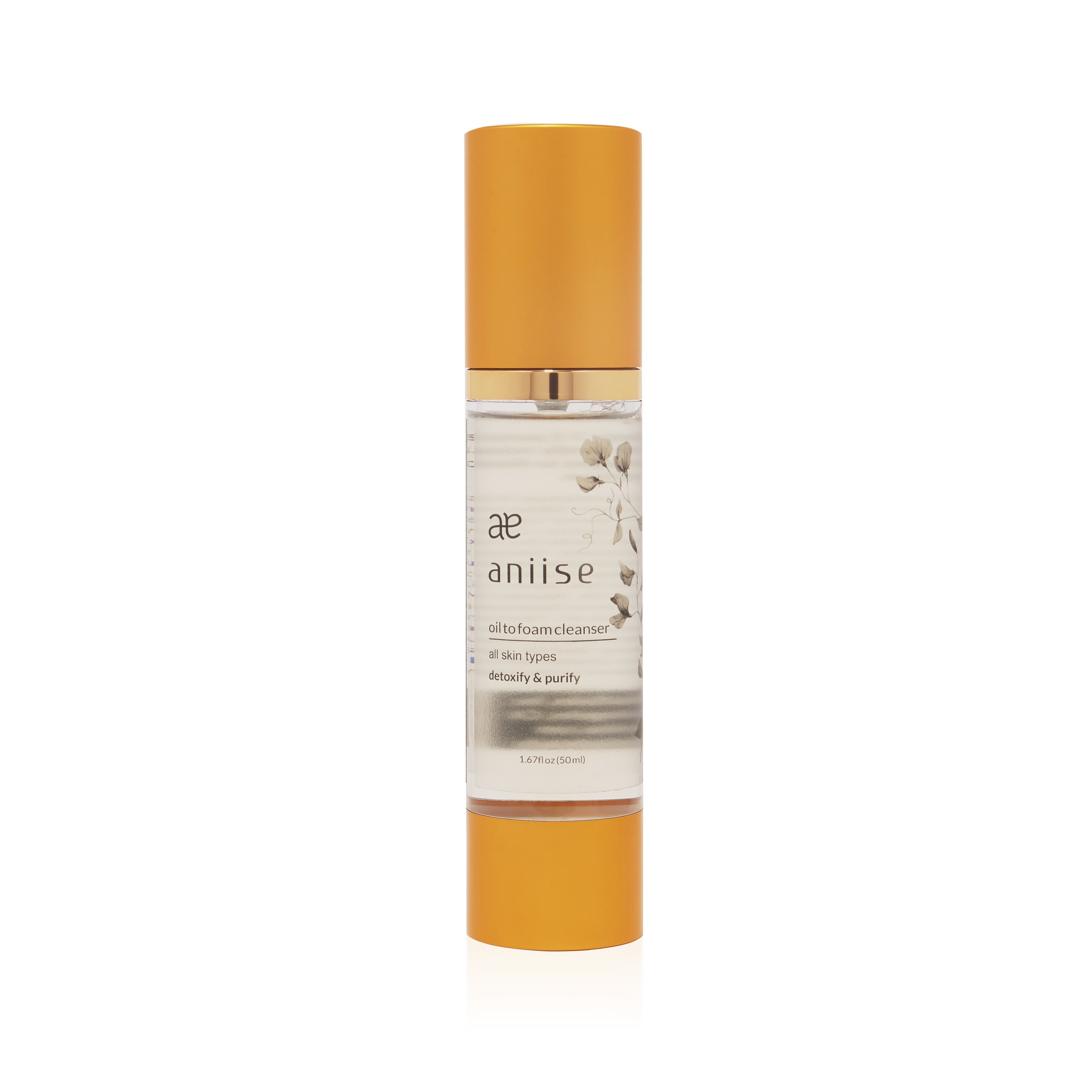 Aniise Oil to Foam Facial Cleanser in a sleek bottle, showcasing its rich oil texture and antioxidant ingredients.