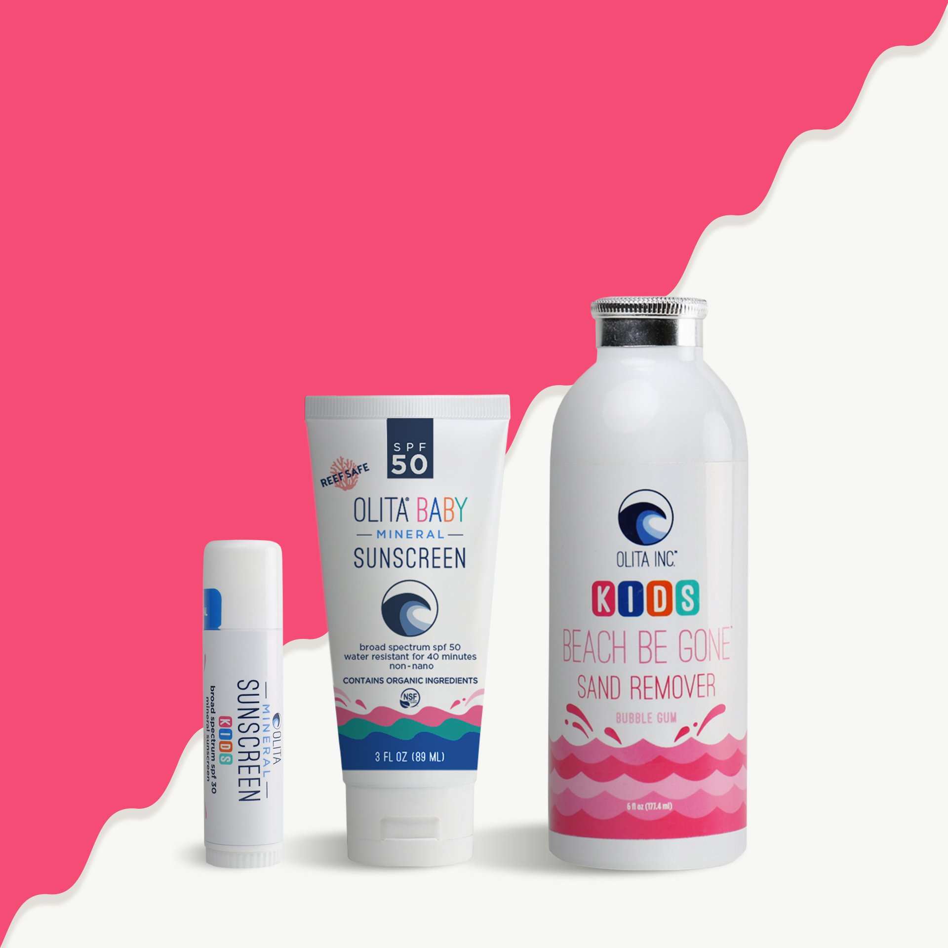 OLITA Kids Pack featuring sand removing body powder and reef-safe sunscreens for children, perfect for beach outings.