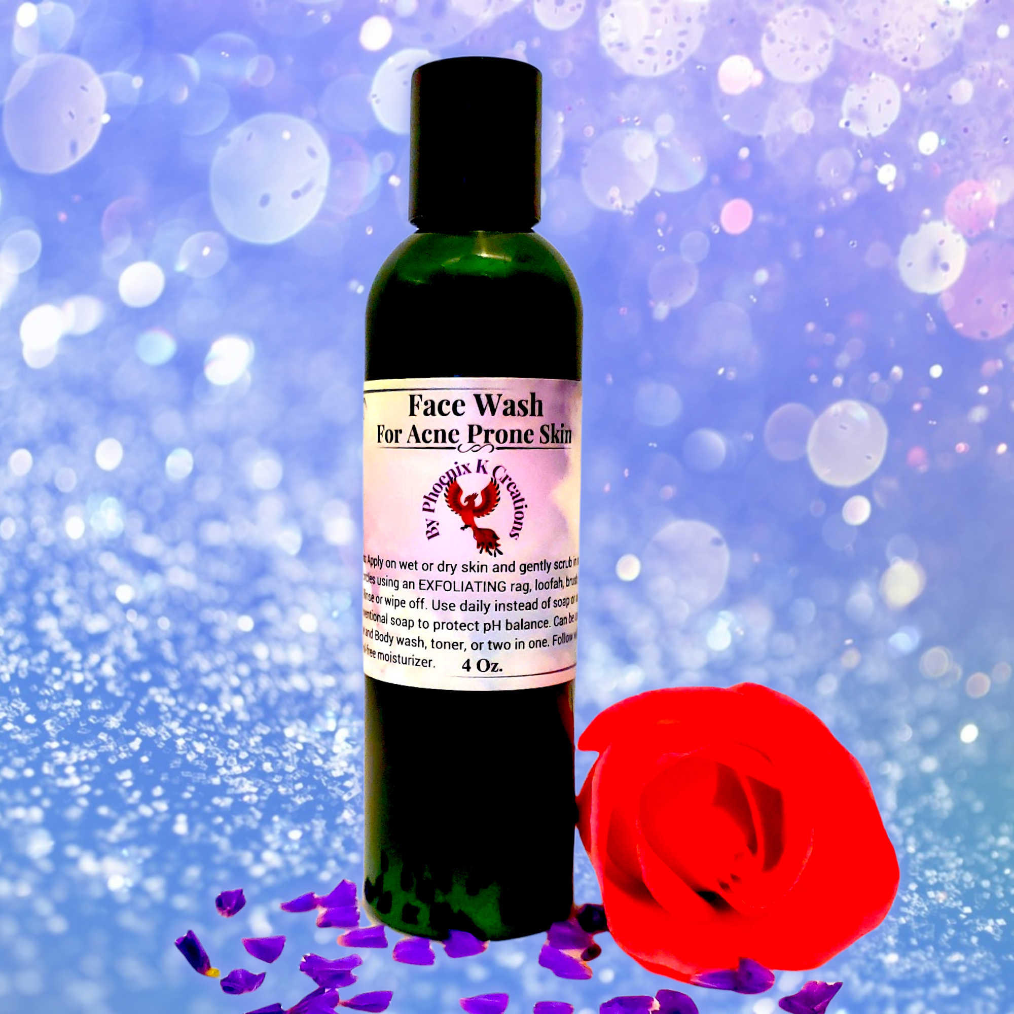 Organic Acne Prone Skin Face/Body Wash in a BPA-free plastic bottle, showcasing its herbal ingredients and liquid texture.