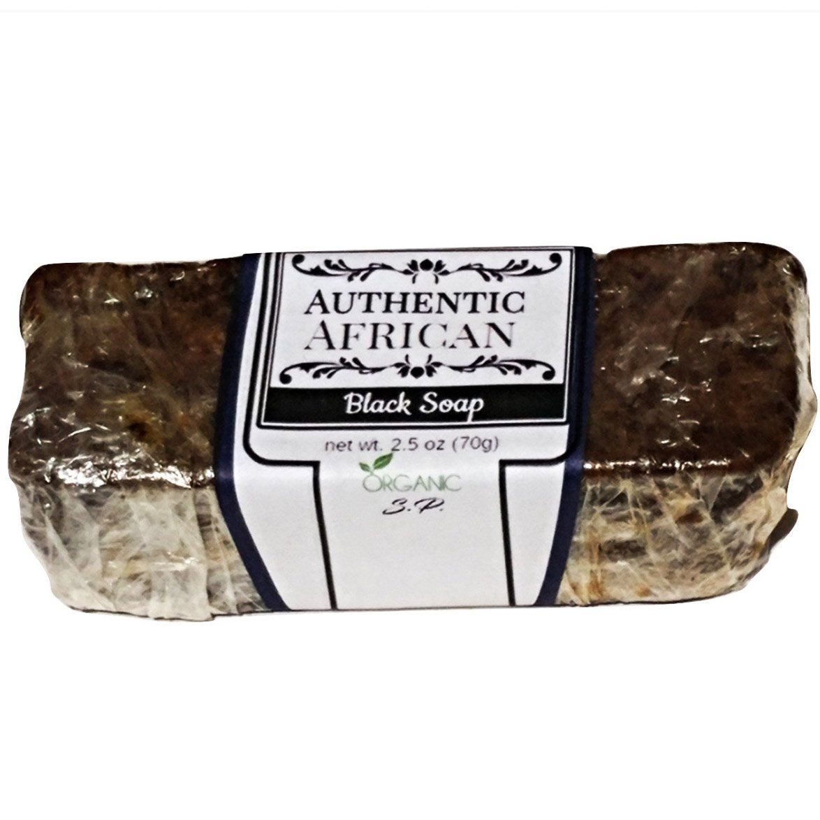 A bar of Organic African Black Soap with a rich, dark color, showcasing its natural texture and ingredients.