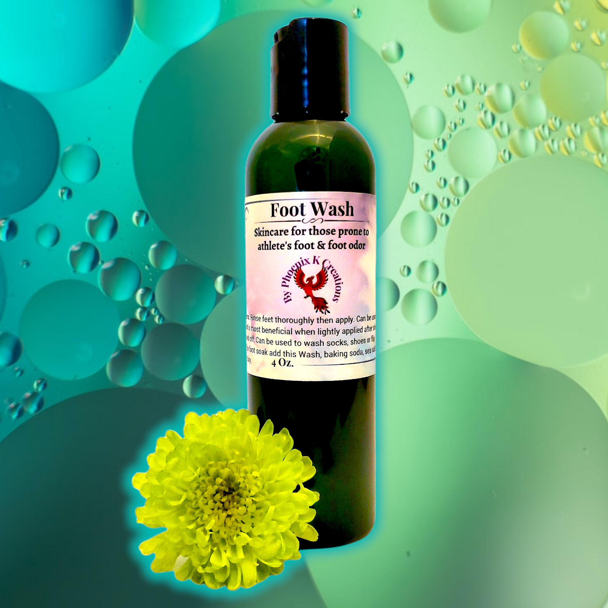 Bottle of Organic Foot Wash with herbal ingredients, designed for athlete's foot and foot odor.