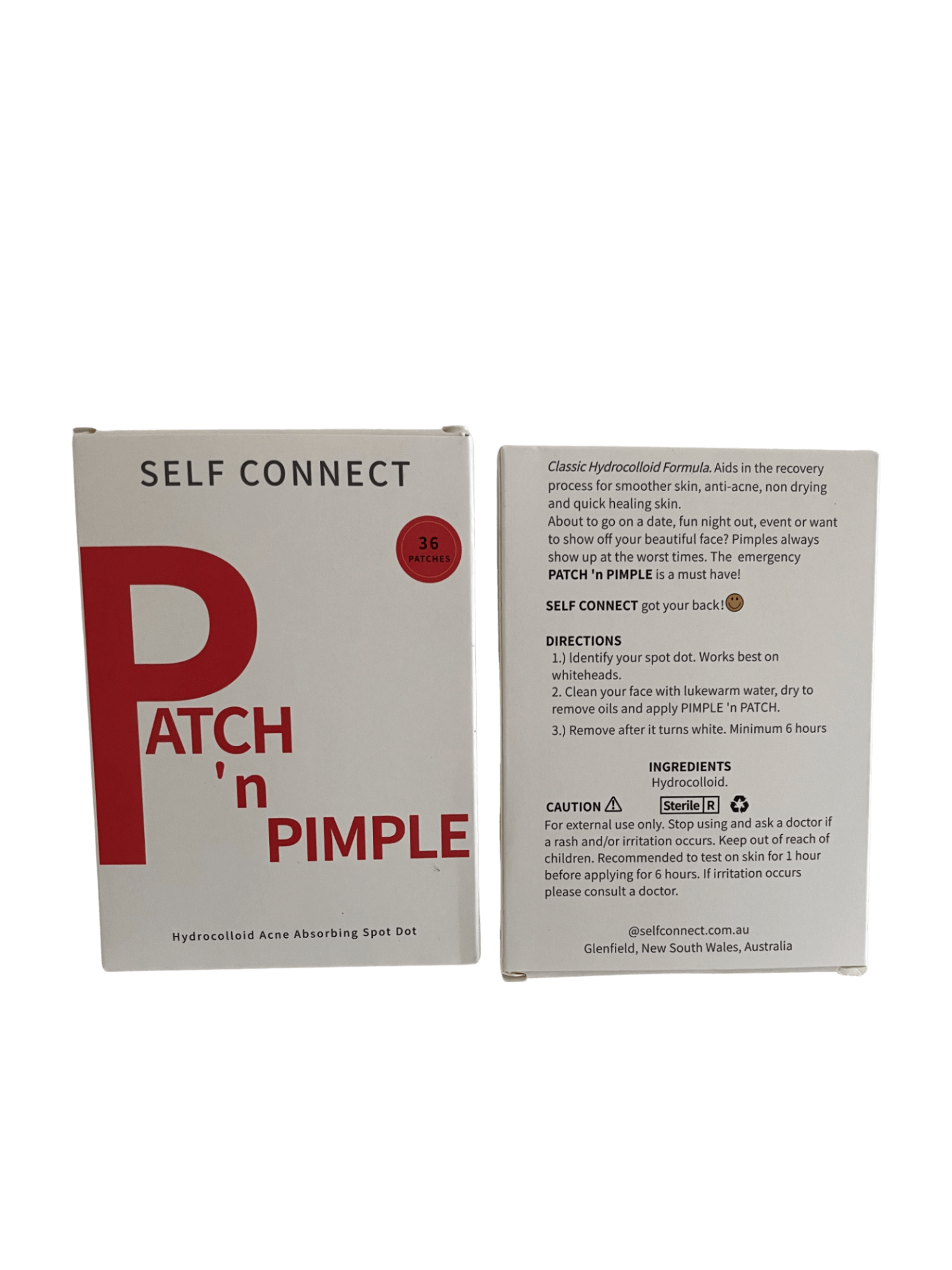 Pack Patch 'n Pimple box containing 36 hydrocolloid patches in red packaging, designed for acne treatment.