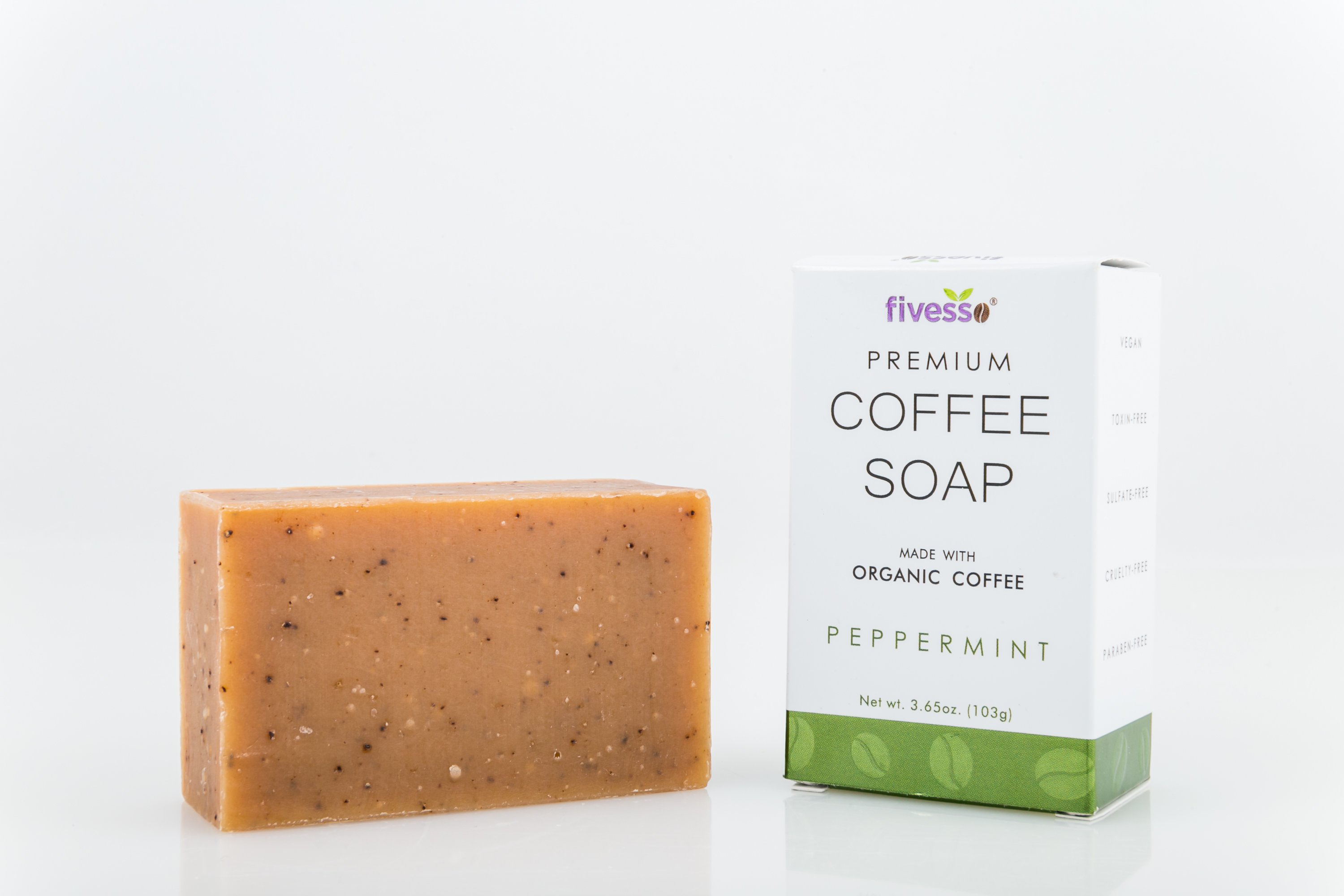 Fivesso Peppermint Premium Coffee Soap Bar with organic coffee grounds and mint essential oils, handcrafted in the USA.