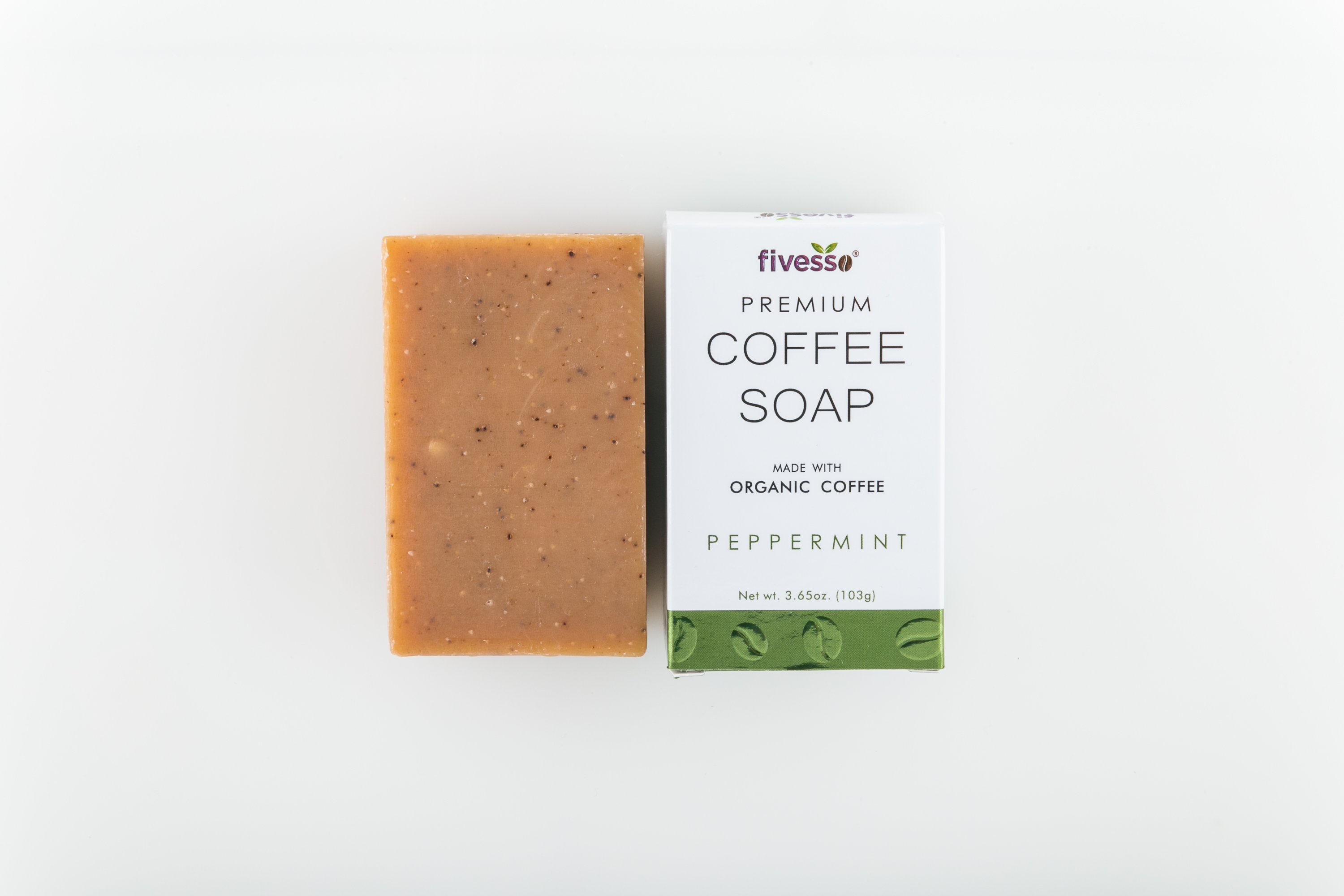 Fivesso Peppermint Premium Coffee Soap Bar with organic coffee grounds and mint essential oils, handcrafted in the USA.