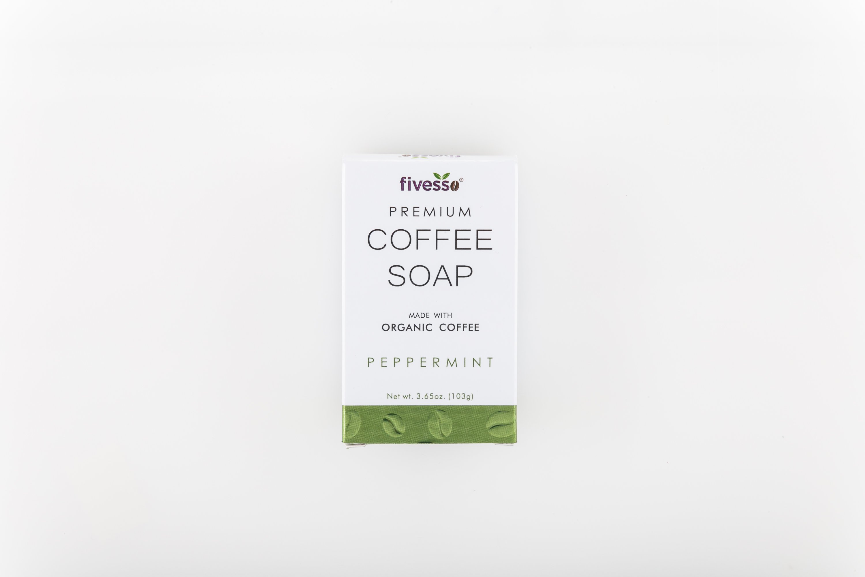 Fivesso Peppermint Premium Coffee Soap Bar with organic coffee grounds and mint essential oils, handcrafted in the USA.