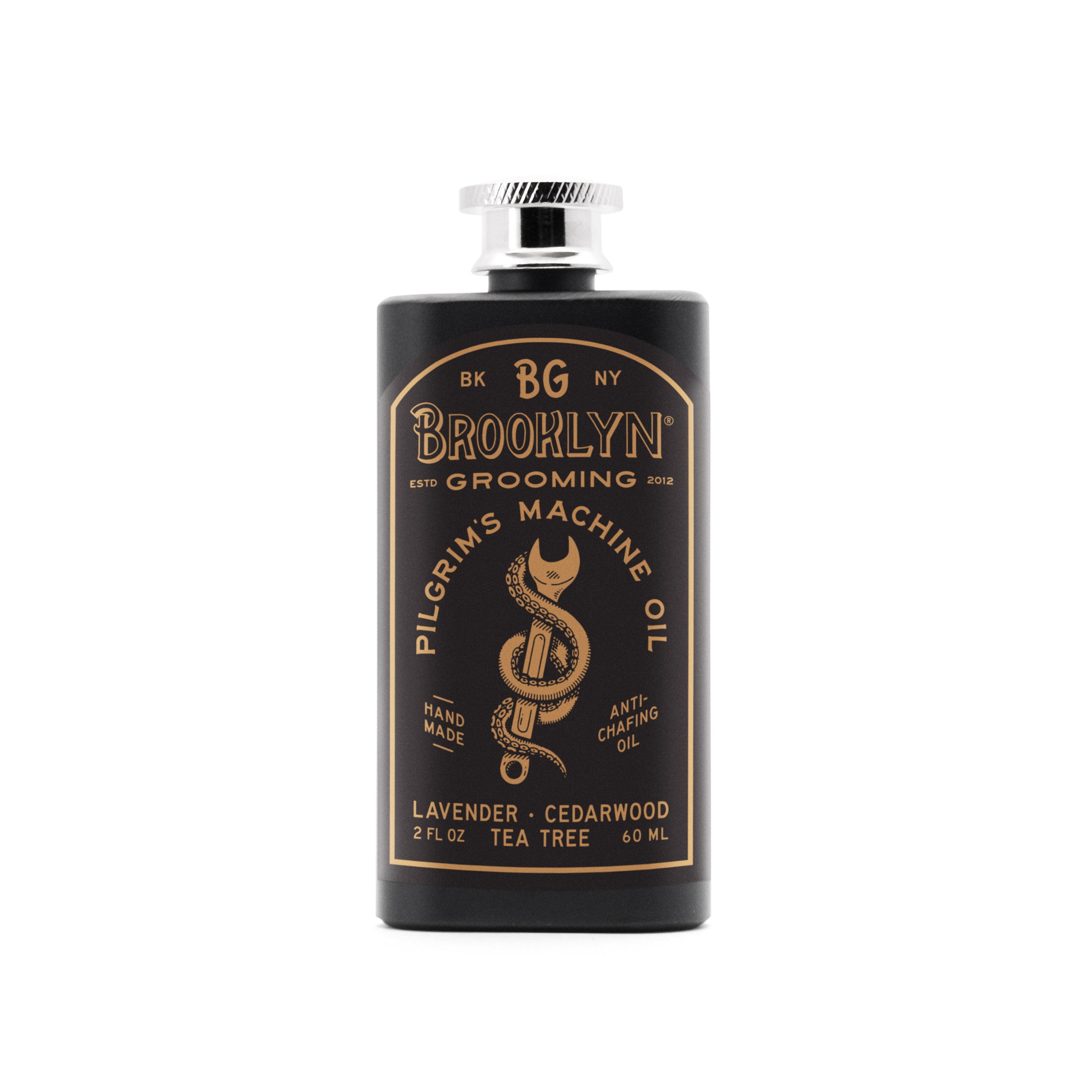 Pilgrim's Machine Oil Anti-Chafing Relief in a sleek aluminum flask, showcasing its natural essential oil ingredients.