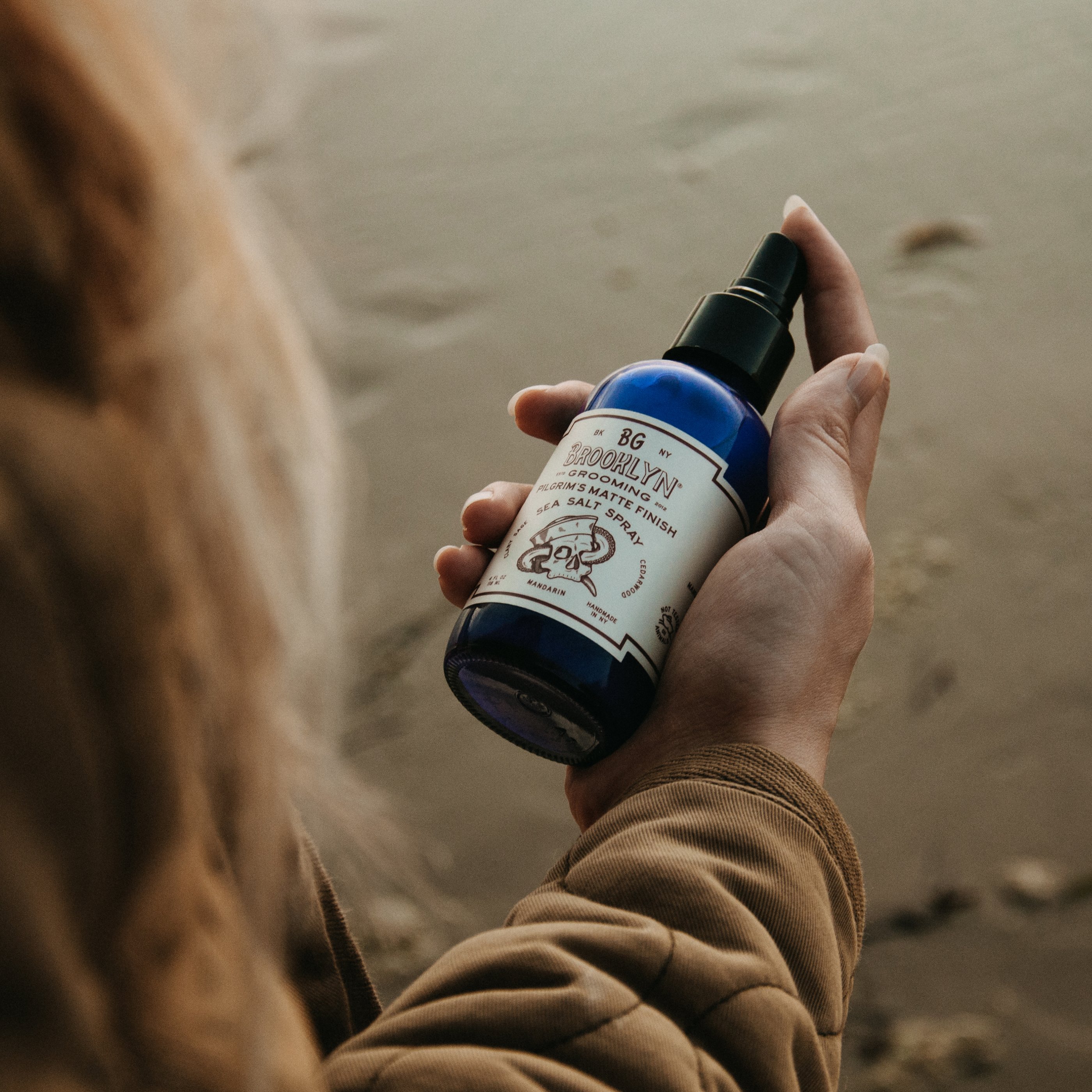 Pilgrim's® Matte Finish Sea Salt Spray 4 oz. bottle with a sleek design, showcasing its natural ingredients and beachy wave styling benefits.