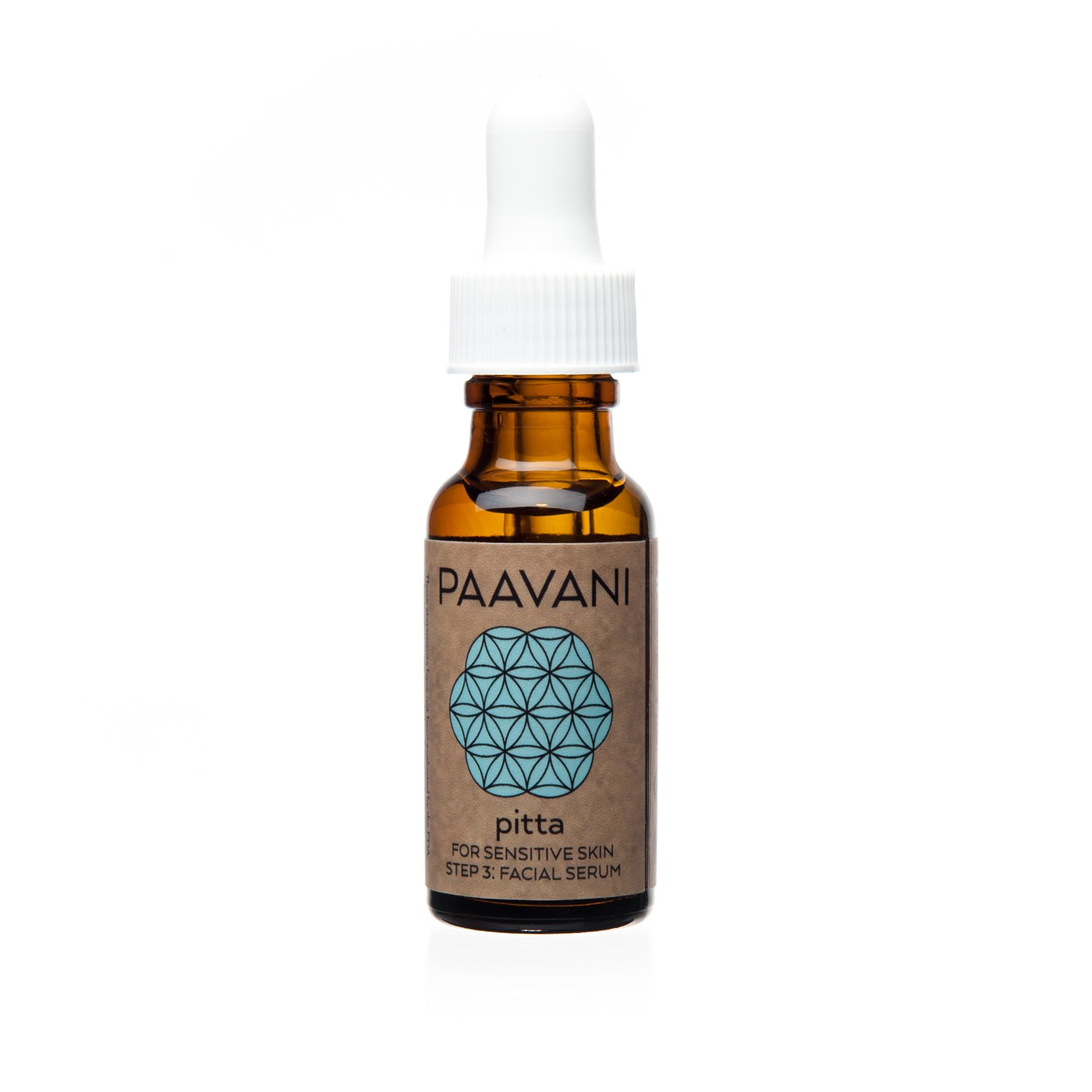 Pitta Serum in a glass bottle, showcasing its organic ingredients for soothing sensitive skin.