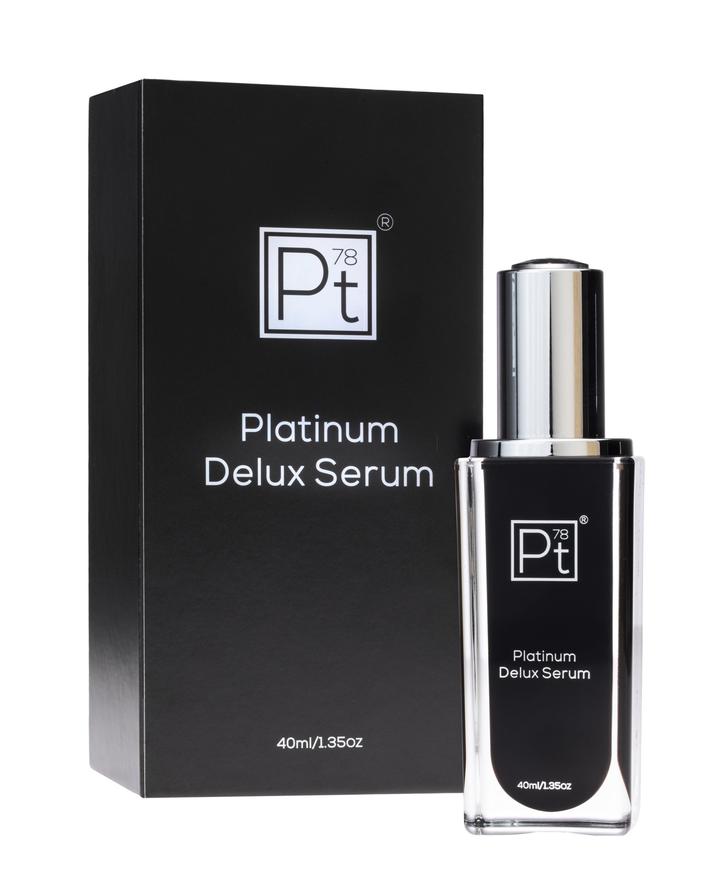 Platinum Deluxe Serum bottle showcasing its elegant design and luxurious branding, ideal for anti-aging skincare.