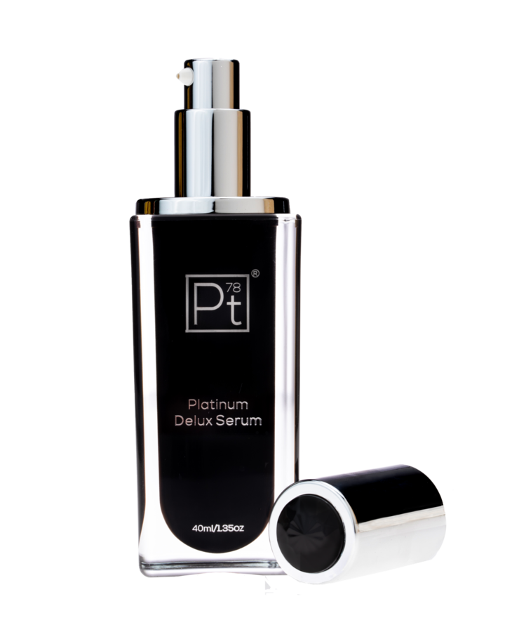 Platinum Deluxe Serum bottle showcasing its elegant design and luxurious branding, ideal for anti-aging skincare.