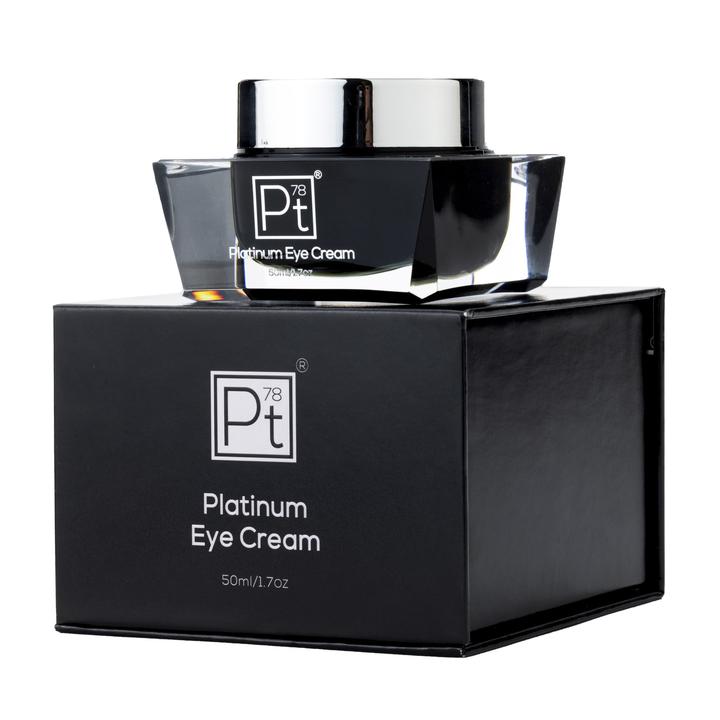 Platinum Eye Cream in a sleek jar, showcasing its luxurious texture and packaging, ideal for reducing dark circles and fine lines.