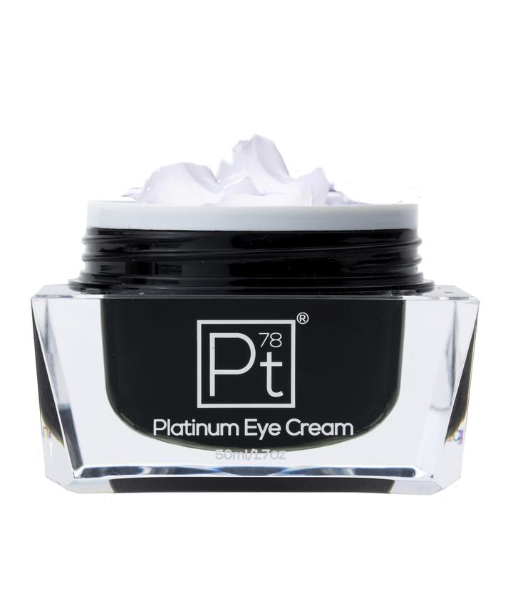 Platinum Eye Cream in a sleek jar, showcasing its luxurious texture and packaging, ideal for reducing dark circles and fine lines.