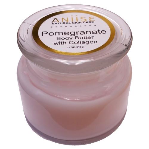 A jar of Pomegranate Body Butter with Collagen, showcasing its rich texture and vibrant color, surrounded by pomegranate seeds.