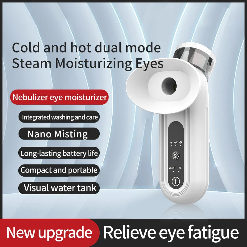 Portable Eye Mister with Warm Compress, featuring a sleek design and USB charging port, ideal for hydrating eyes and skin.